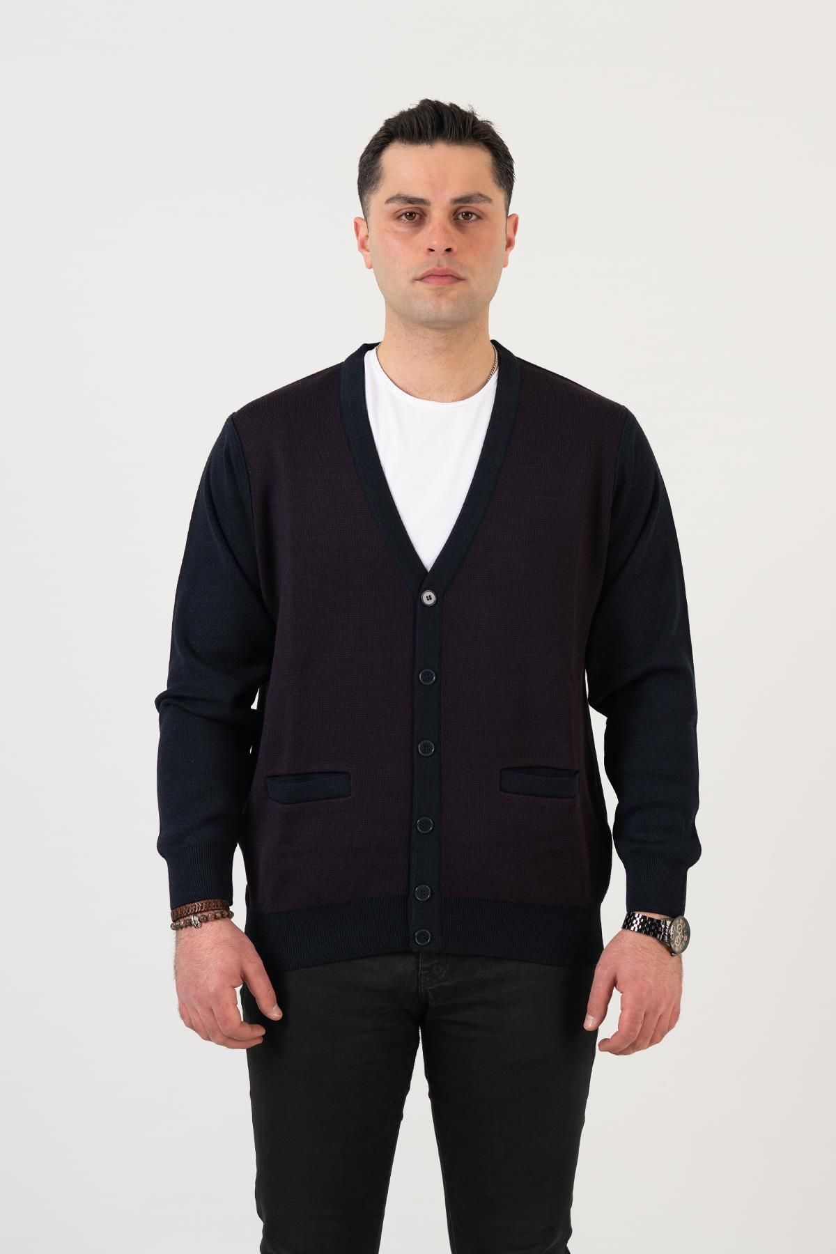 Woolen World Buttoned Double Pocket Dot Patterned Men s Knitwear