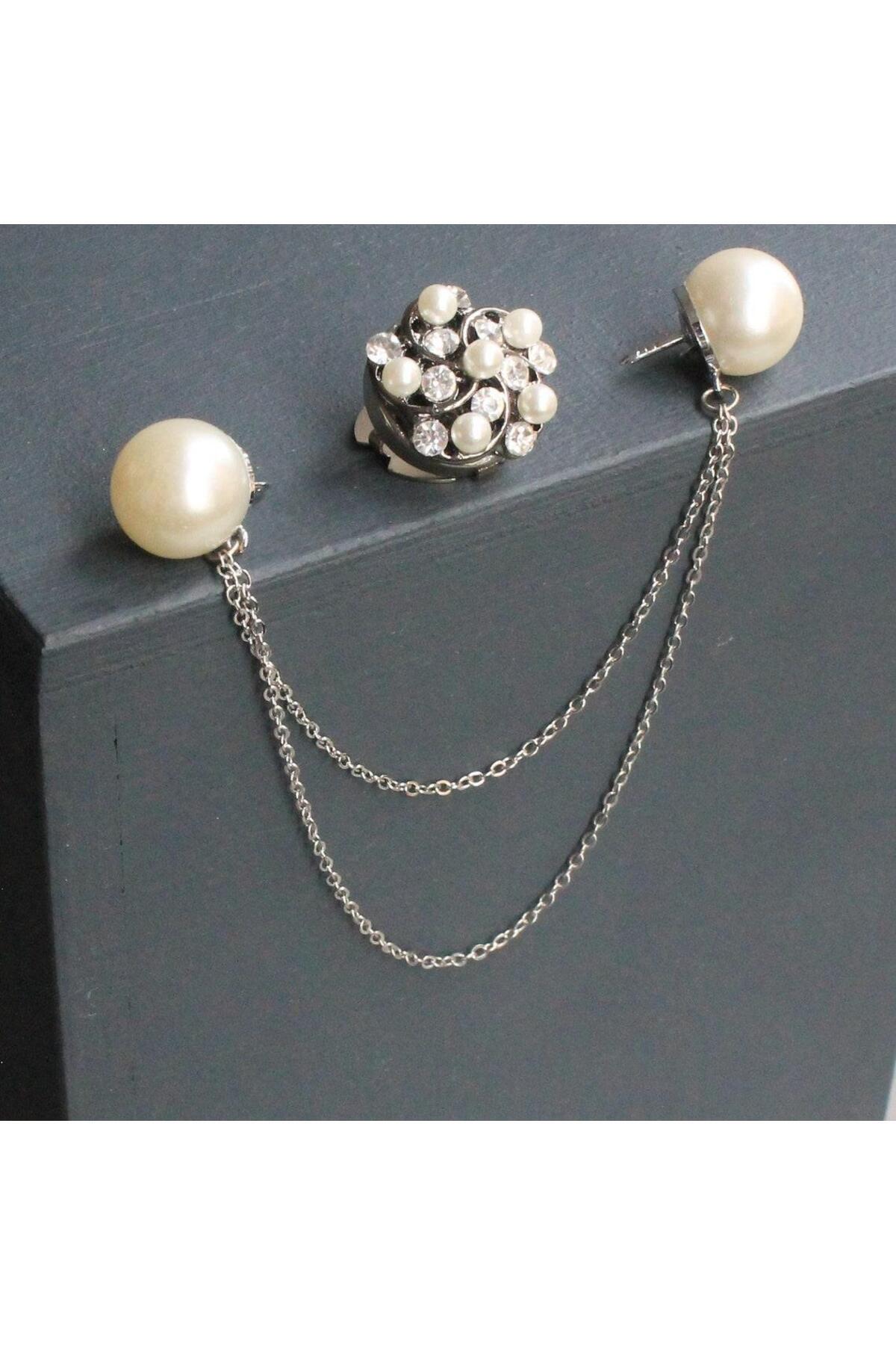 COOLMENCLUB Beyaz İnci Gömlek Yaka İğnesi ve Düğmesi Seti