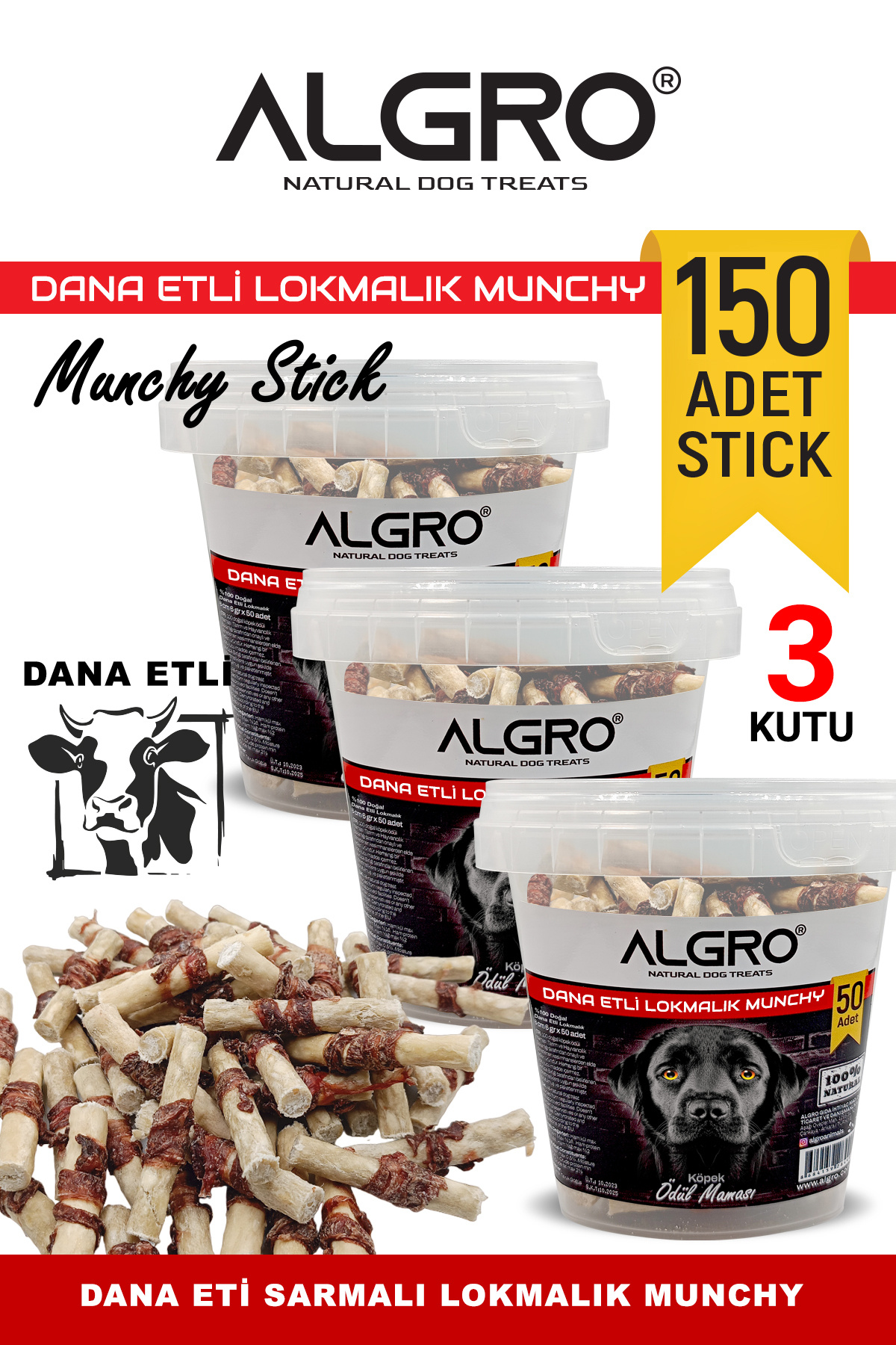Algro %100 Dana Etli Lokmalık Munchy Stick 50 adet kapaklı kova ambalajda 3 Kutu