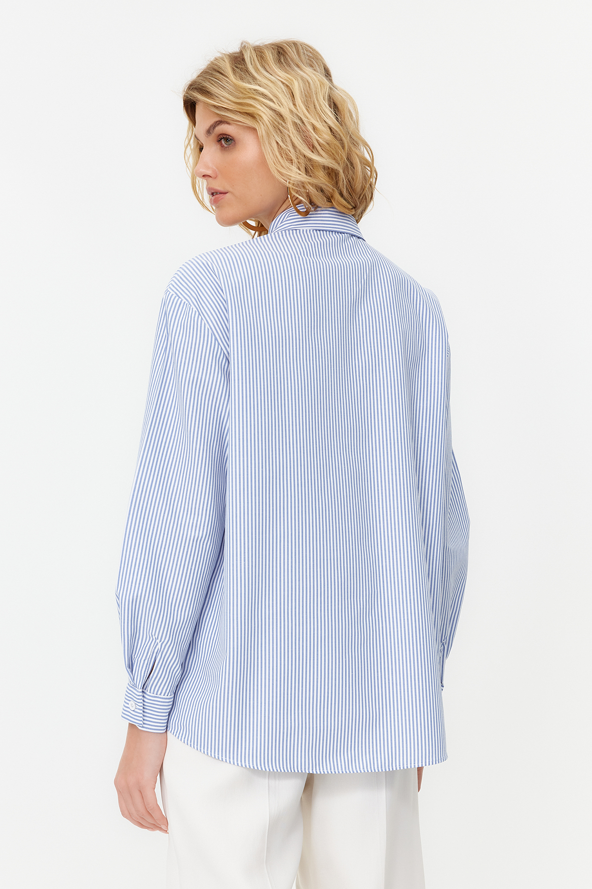 Trendyolmilla  Lacivert Çizgili Oversize Geniş Kalıp Dokuma Gömlek TWOAW23GO00359 - Görsel 6