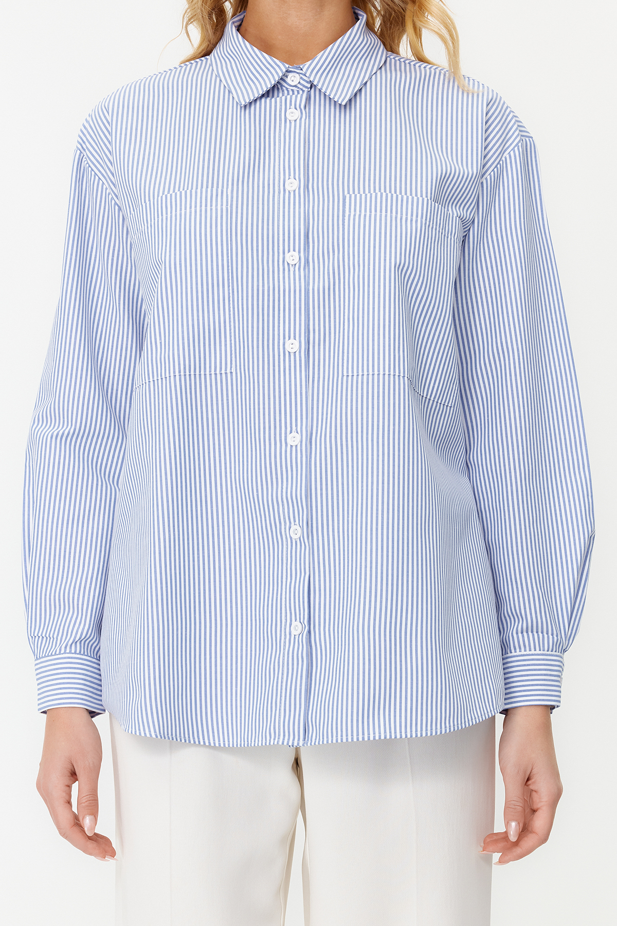 Trendyolmilla  Lacivert Çizgili Oversize Geniş Kalıp Dokuma Gömlek TWOAW23GO00359 - Görsel 4