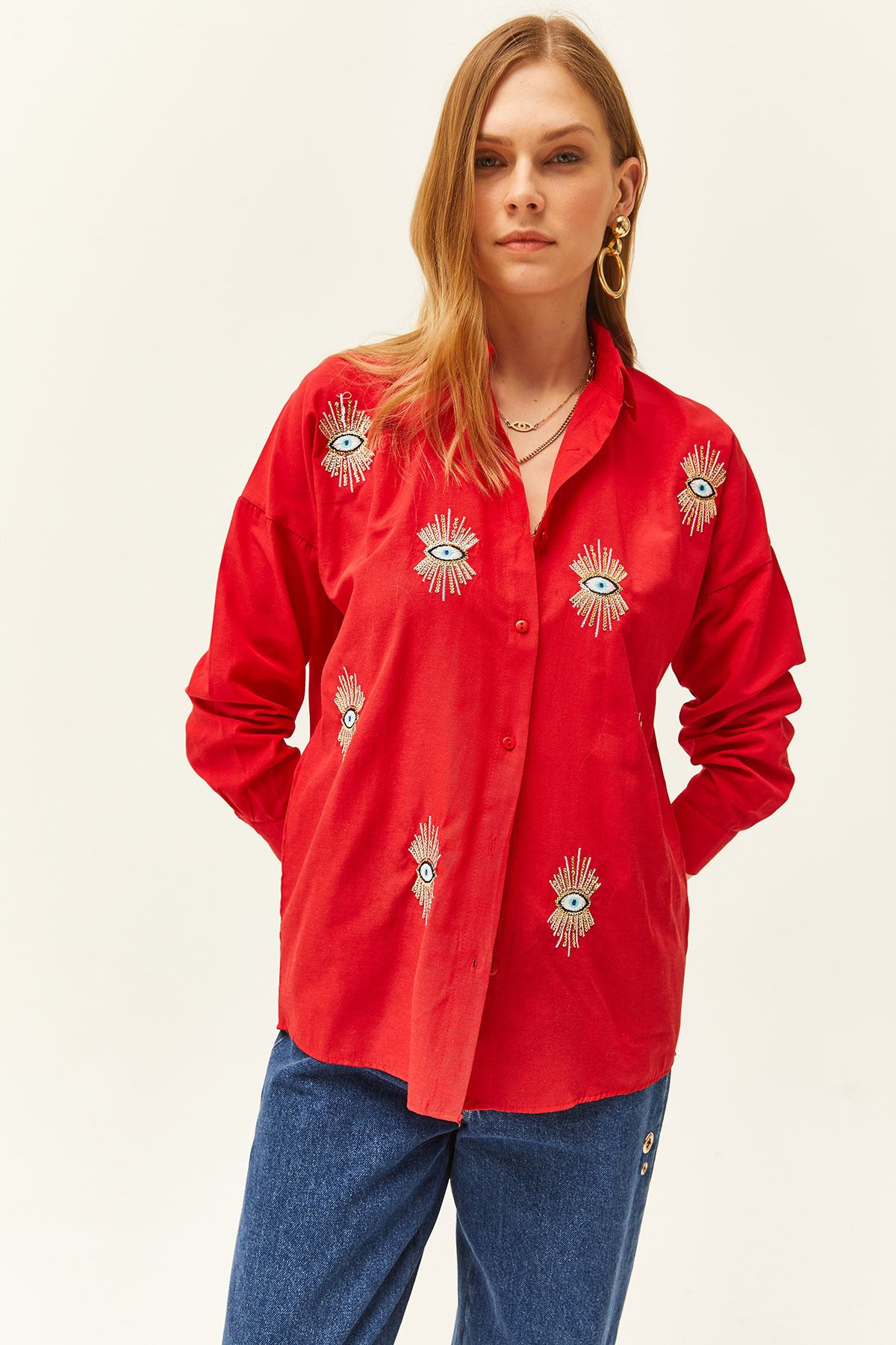 Olalook-Woman's Red Sequin Detailed Woven Boyfriend Shirt GML-19000992 5