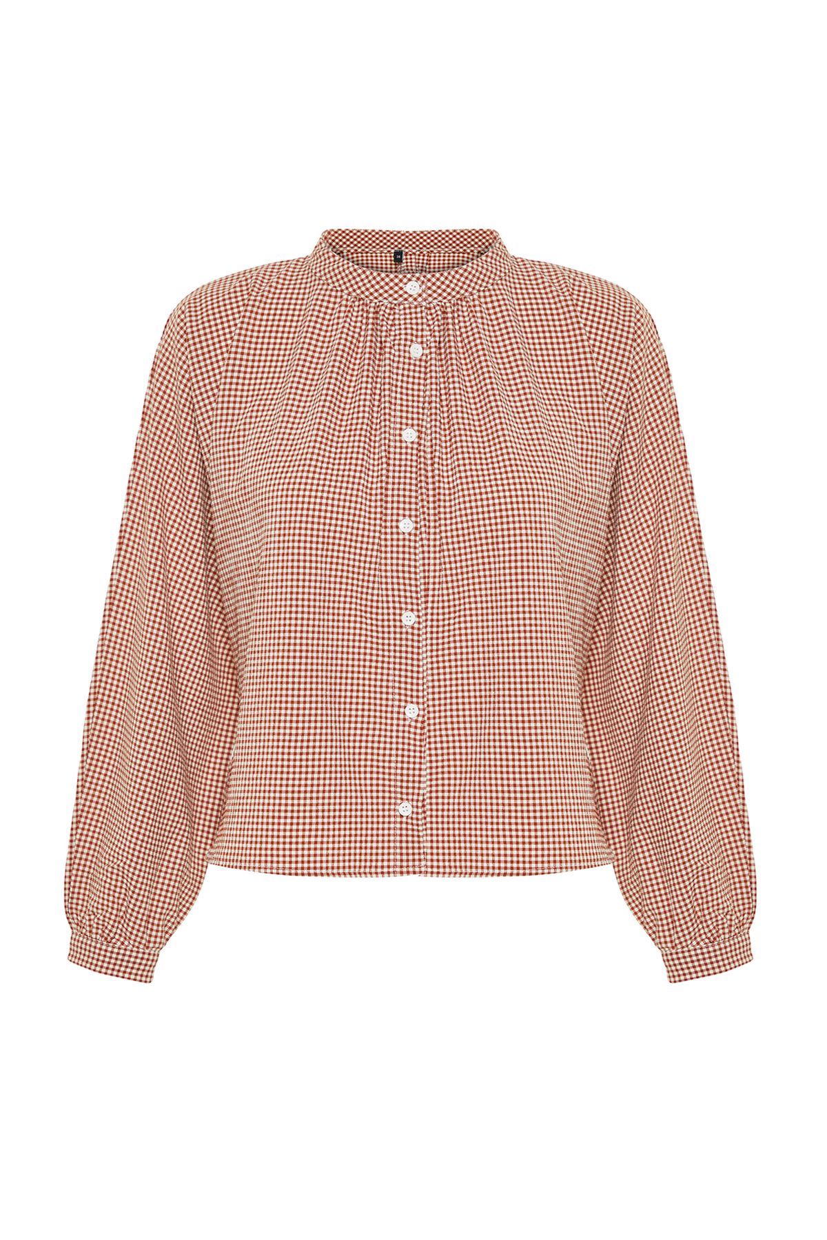 Trendyol Collection-Кафява овърсайз риза с висока яка - прилеп ръкав, карирана TWOAW21GO0114 7