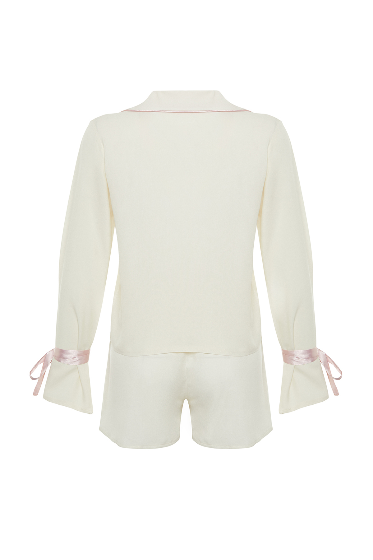 Trendyolmilla  Ekru Bağlamalı/Kurdele/Fiyonklu ve Biyeli Viskon Şortlu Dokuma Pijama Takımı THMSS24PT00047 - Görsel 8