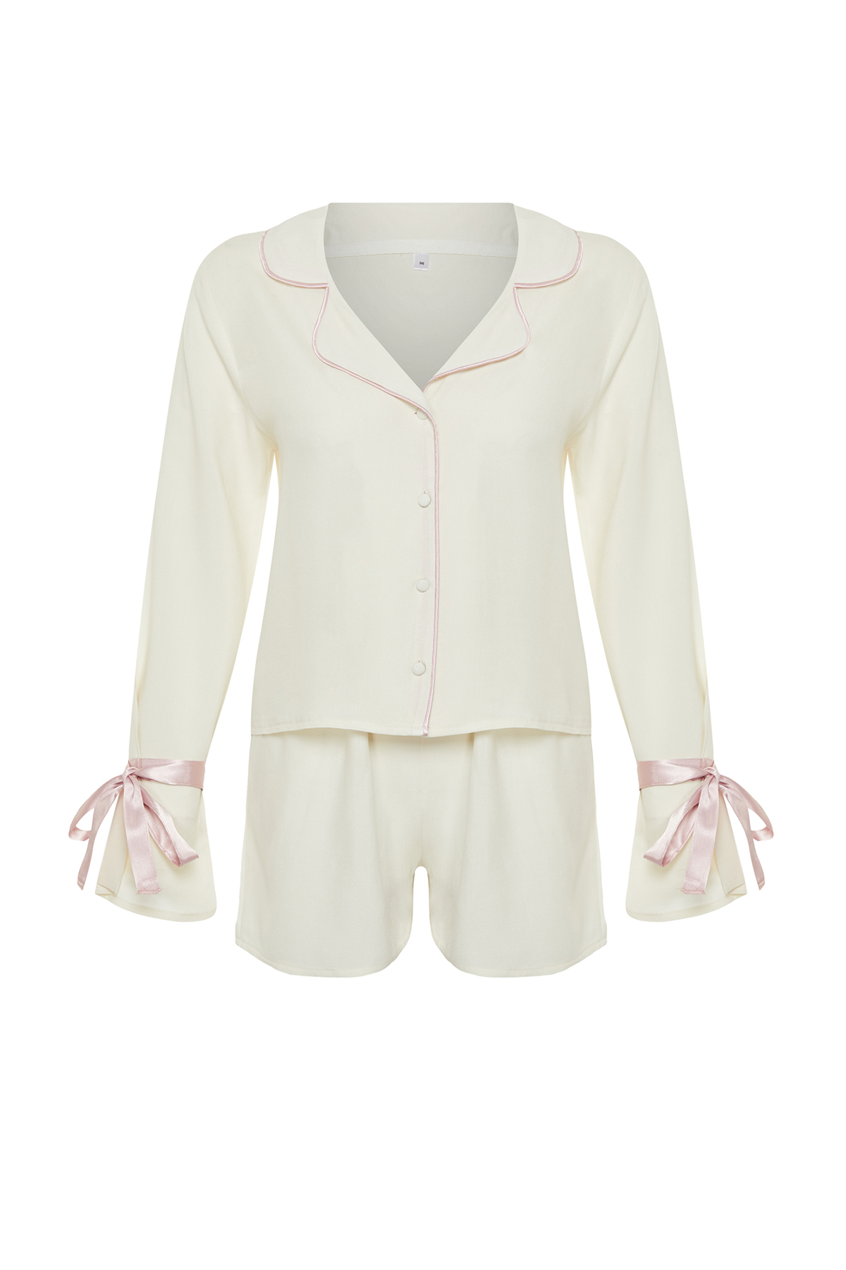Trendyolmilla  Ekru Bağlamalı/Kurdele/Fiyonklu ve Biyeli Viskon Şortlu Dokuma Pijama Takımı THMSS24PT00047 - Görsel 7