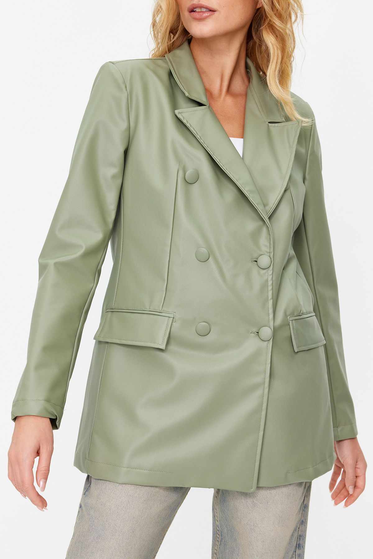 Trendyol Collection-Mintfarbener zweireihiger Blazer mit gewebtem Futter aus Kunstleder TWOAW21CE0156 3