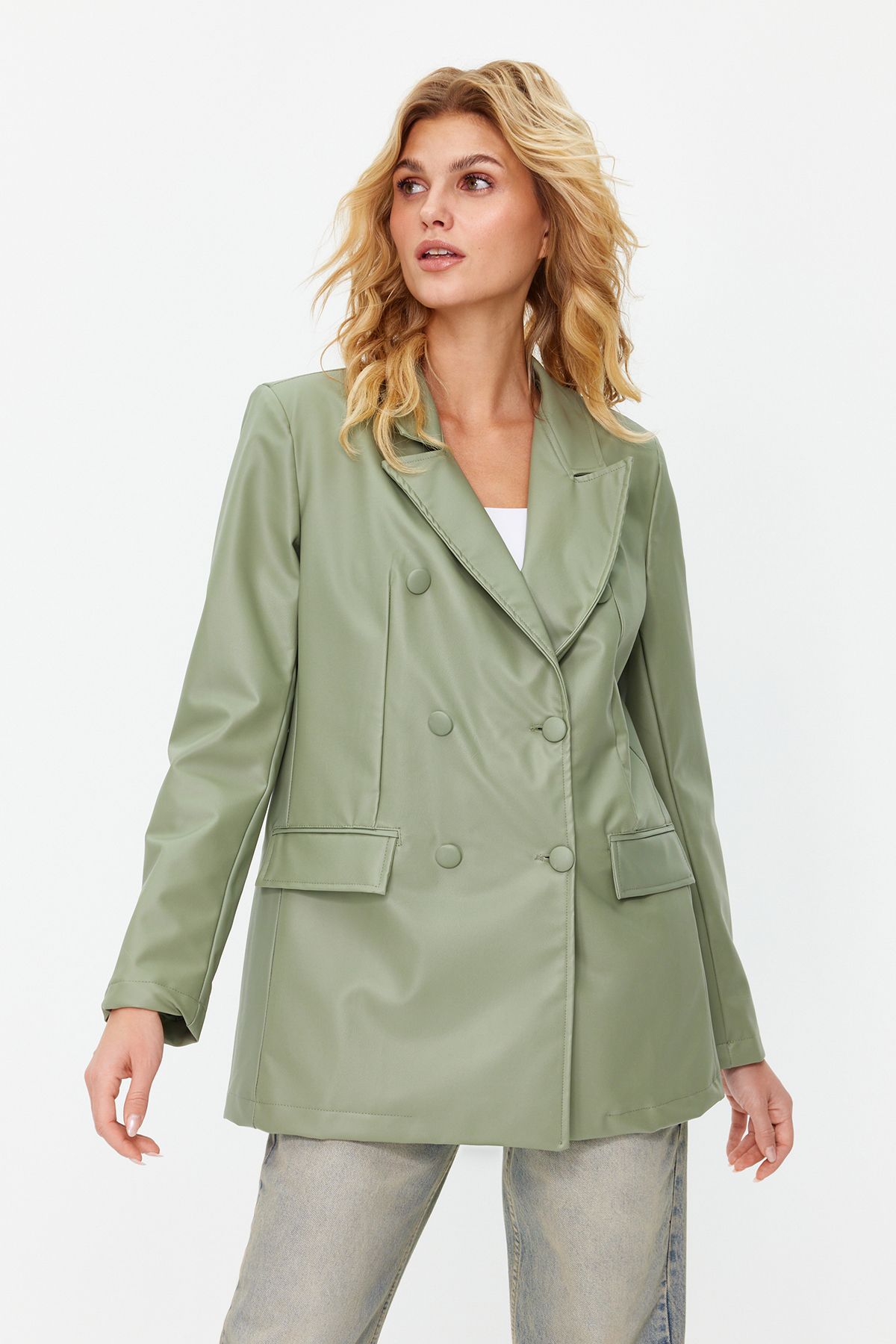 Trendyol Collection-Mintfarbener zweireihiger Blazer mit gewebtem Futter aus Kunstleder TWOAW21CE0156 2