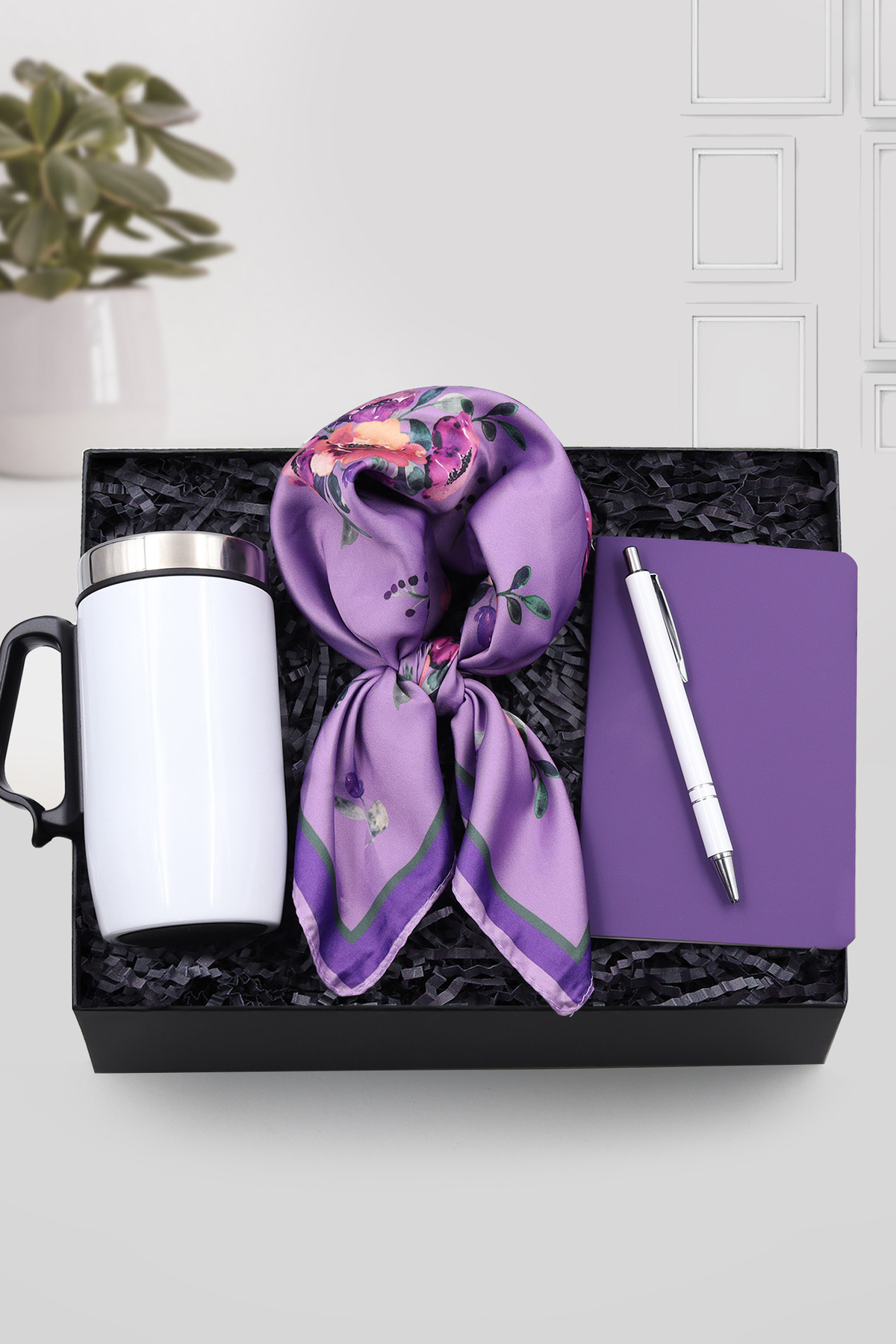 Trendmiya Beyaz Tükenmez Kalem & Mini Not Defteri & Kulplu Beyaz Çelik Termos & Mor Çiçekli Fular Hediye Seti