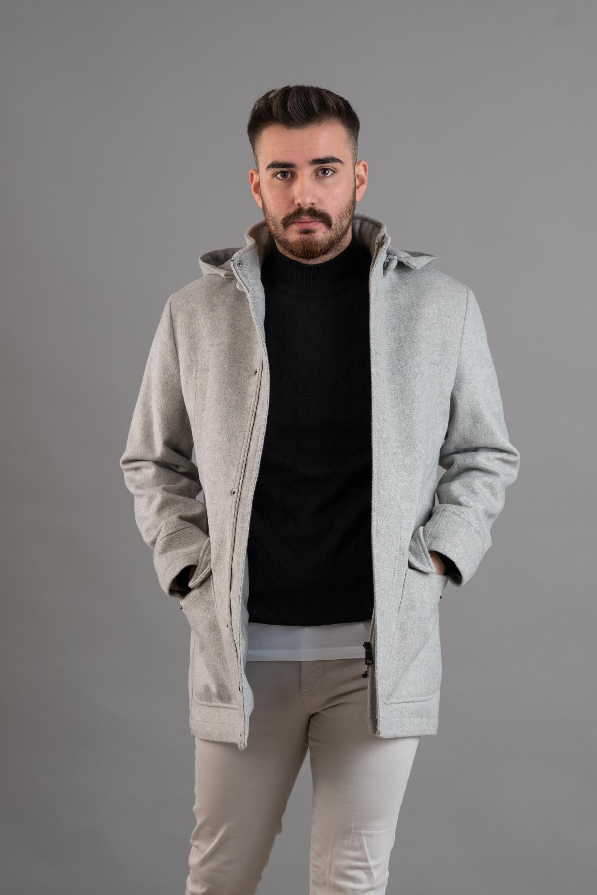 Kapşonlu Fermuar Kapamalı Regular Fit Erkek Kaşe Kaban — خاکستری SR741111 — تصویر 3 از 7