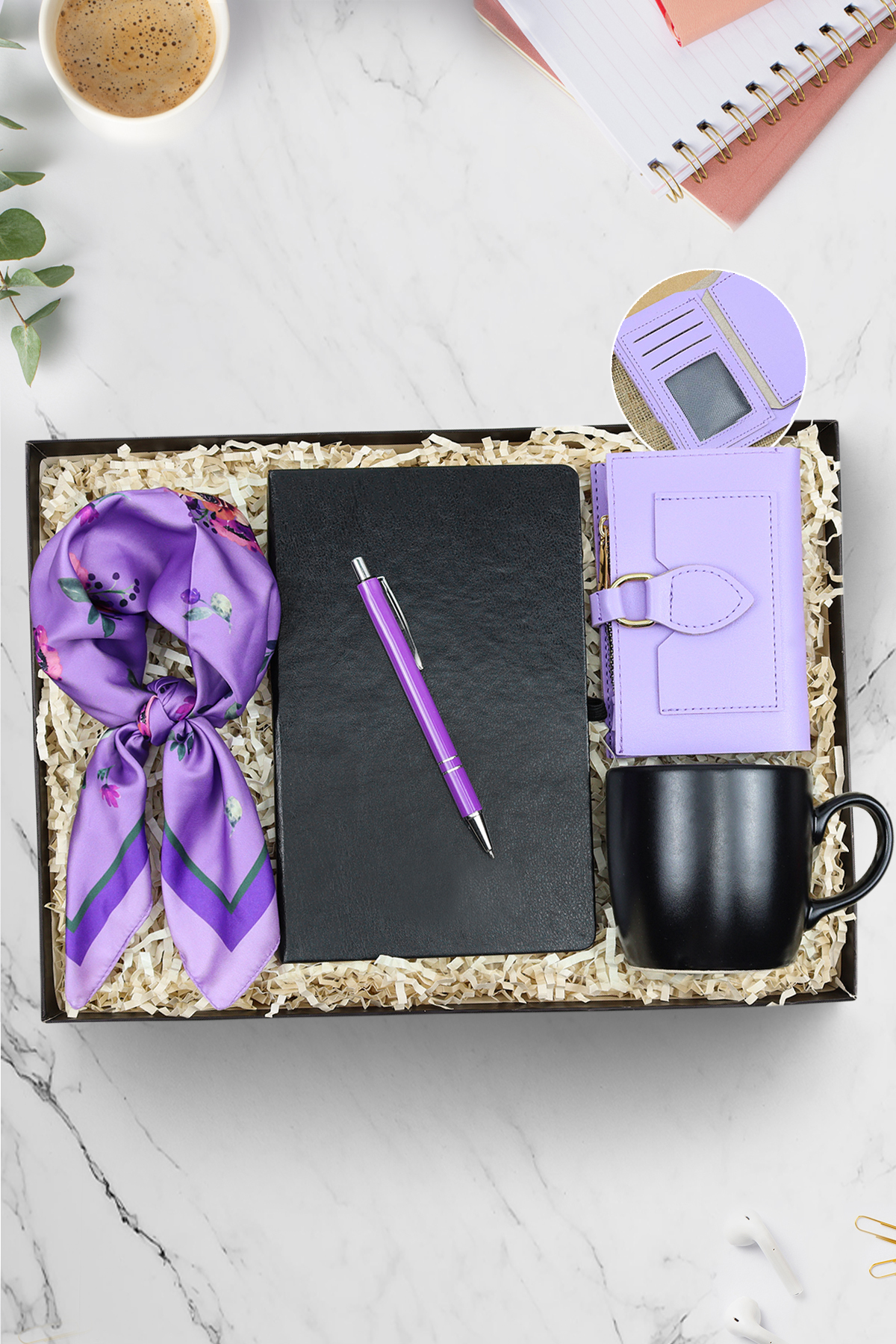 Trendmiya Siyah Defter & Mor Tükenmez Kalem & Fular & Siyah Kupa & Mor Yumuşak Deri Kartlık Cüzdan Hediye Seti