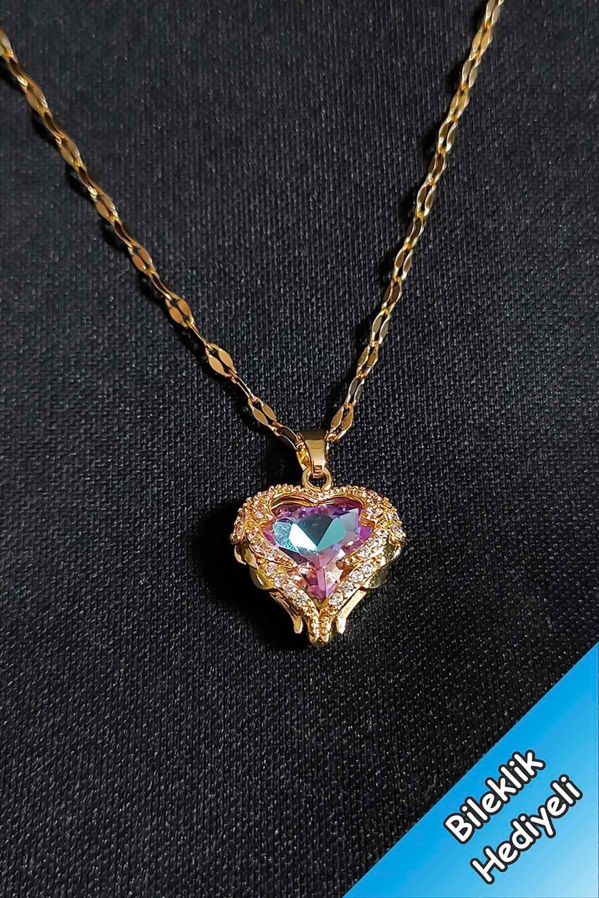 TREND COLLECTİON Kadın Paslanmaz Çelik Gold Zirkon Taşlı Pembe Kalp Kolye