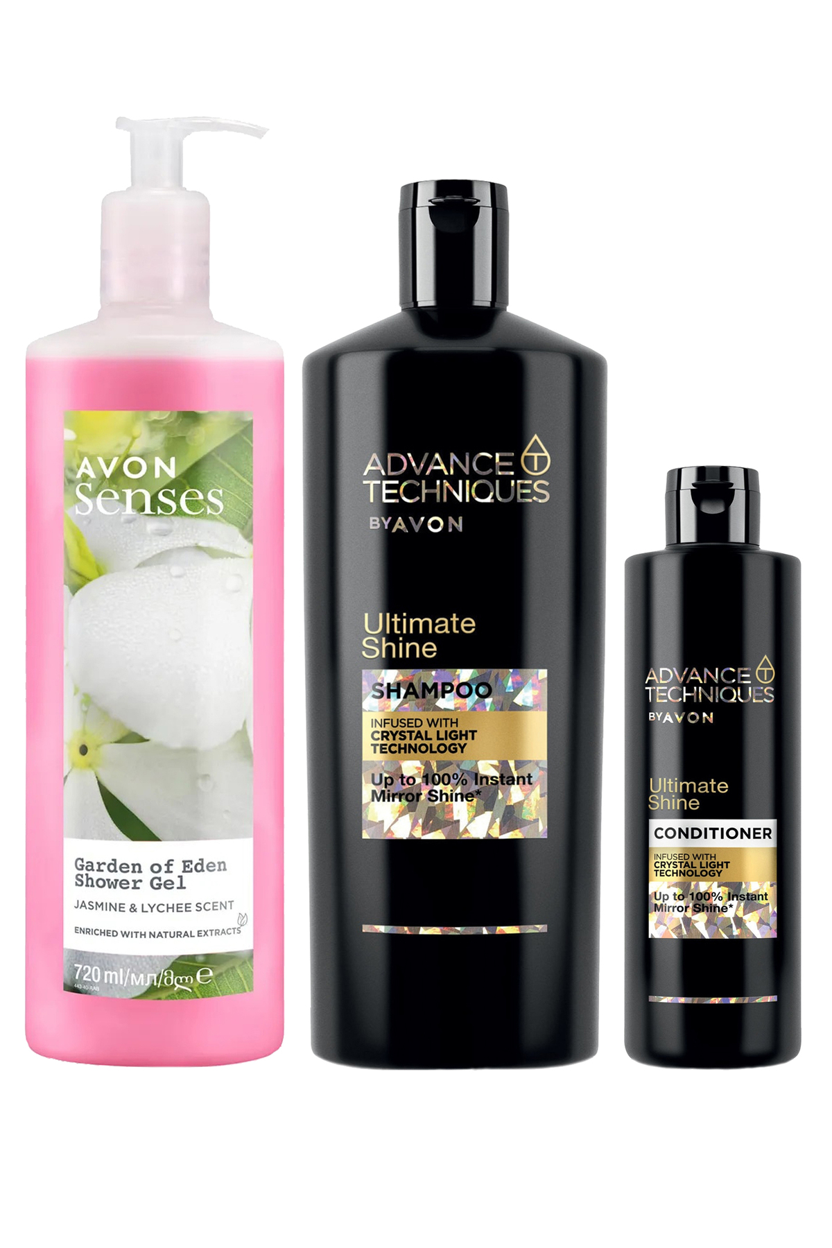 AVON Advance Techniques Parlaklık Veren Şampuan Saç Kremi ve Nemlendirici Duş Jeli Paketi