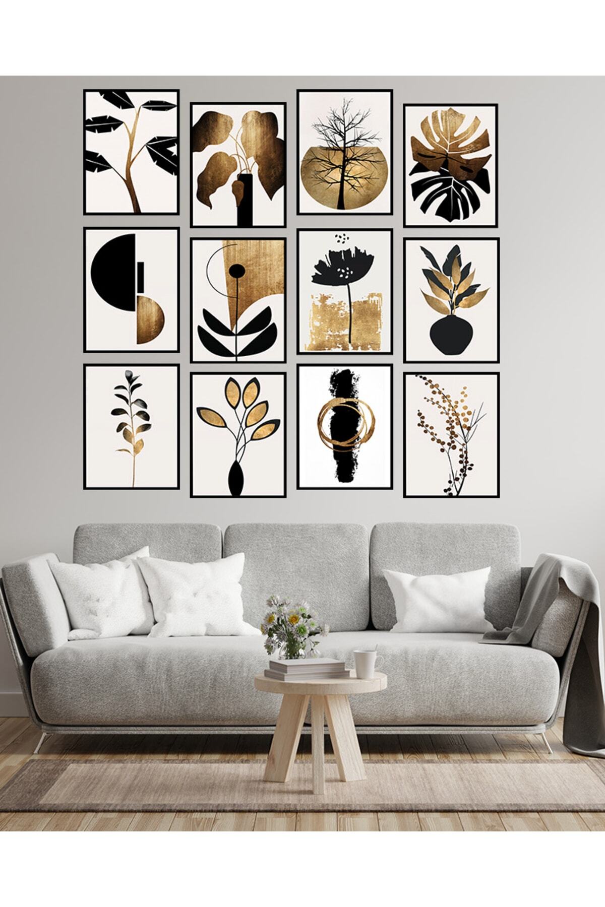 Dekorize Mdf Tablo Seti 12 Parça 3 Mm - Altın Yaprak Salon Oturma Odası Için Duvar Dekoru