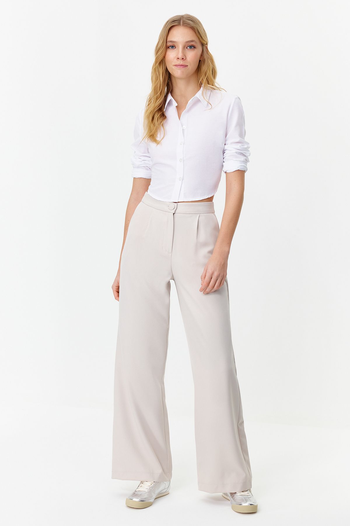 Trendyol Collection Šedé plisované tkané kalhoty se širokými nohavicemi TWOSS21PL0189