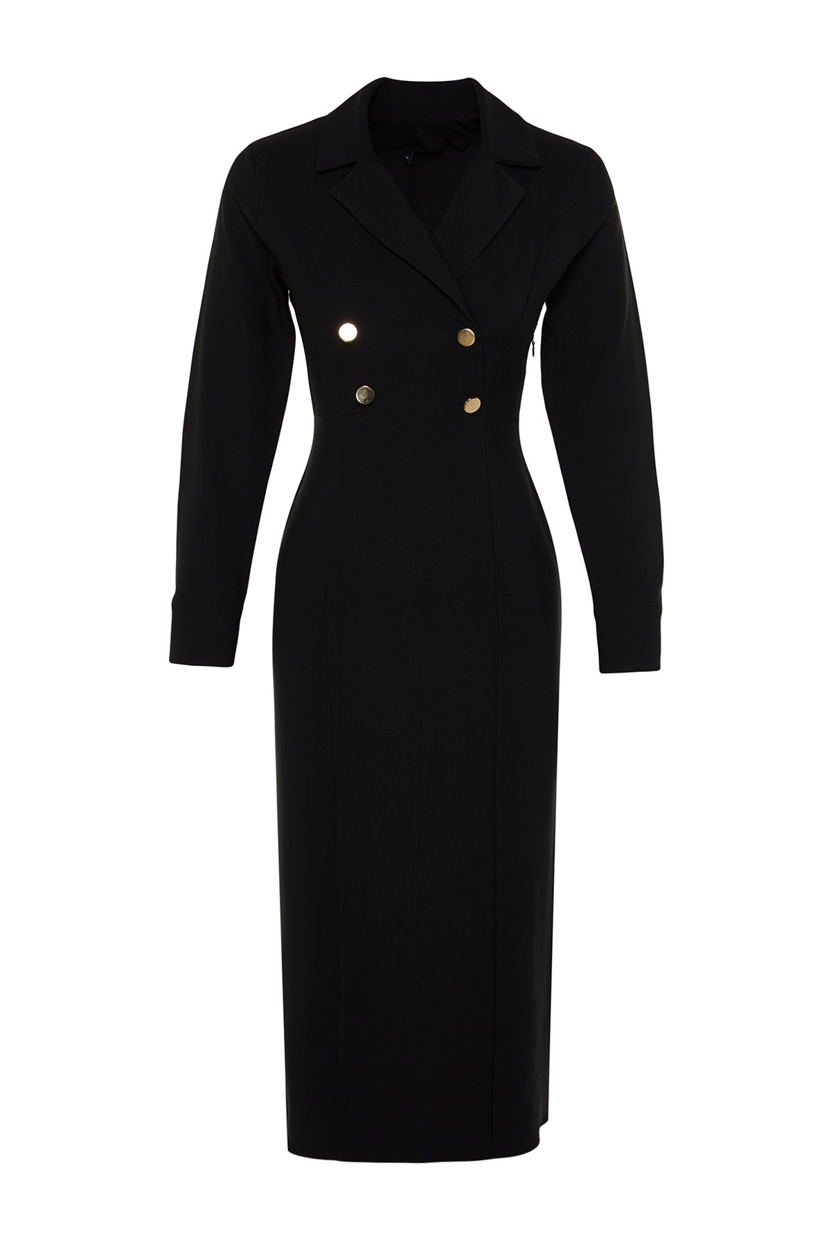 Trendyol Modest-Schwarzes, zweireihiges, gewebtes Kleid mit Kragen und Knöpfen TCTSS24EB00020 7