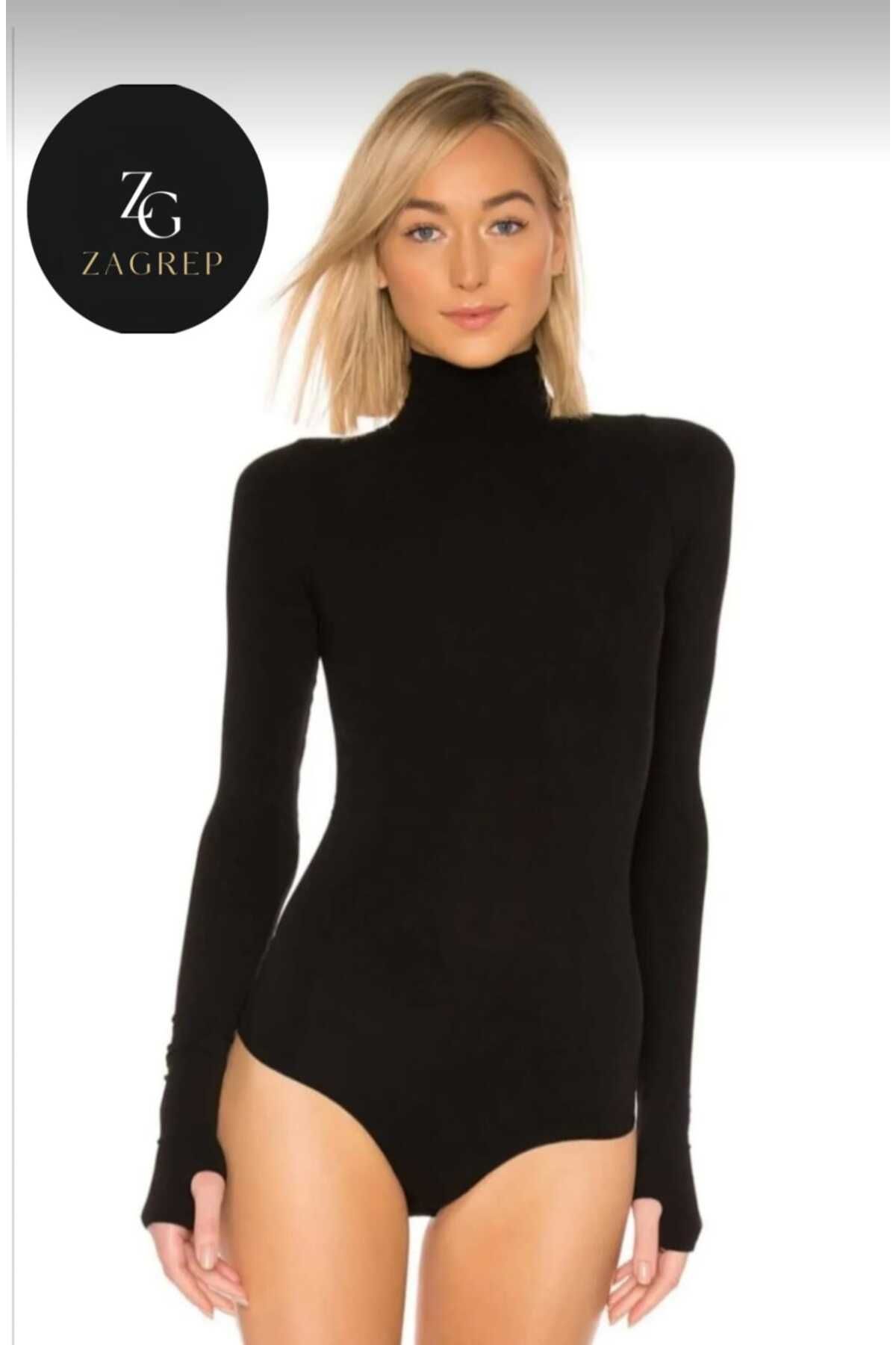 Zagrep-Women's Saks Blue Body Turtleneck Fingered Silk Jersey Body 3
