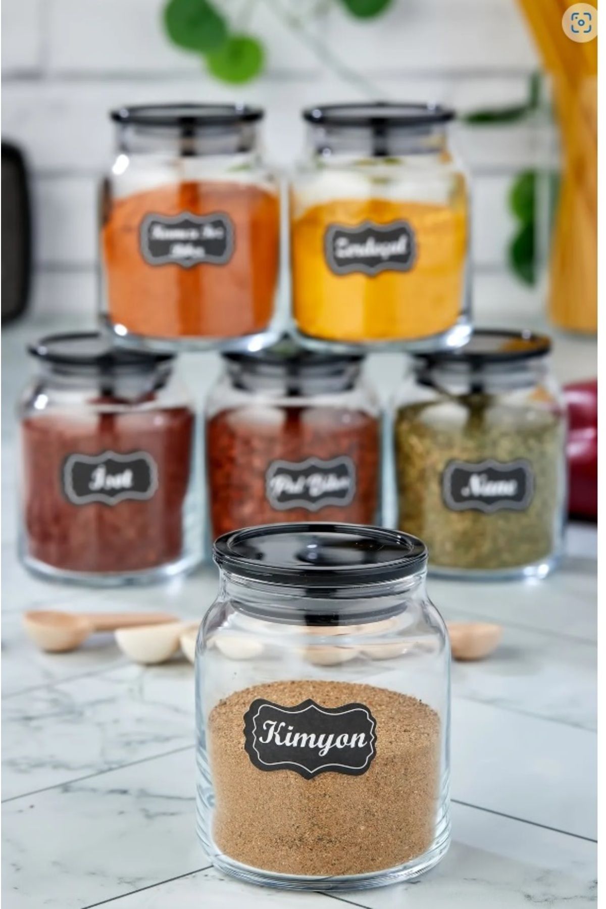 ŞAKİLATA CONCEPT-Luxury Spice Set with 6 Spoons and Black Lid Glass Jar Storage Container (300 Ml Spice Jar Set) 1