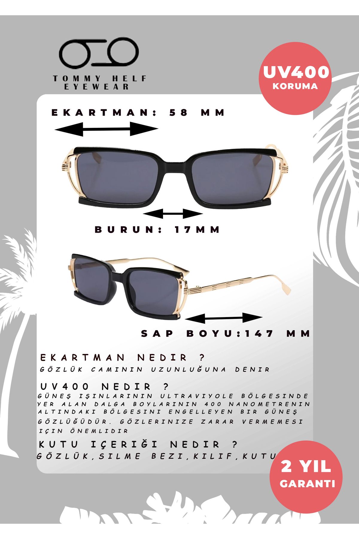 TomyHelf-Black Frame Black Glass Metal Gold Handle Rectangular Women's Sunglasses 4