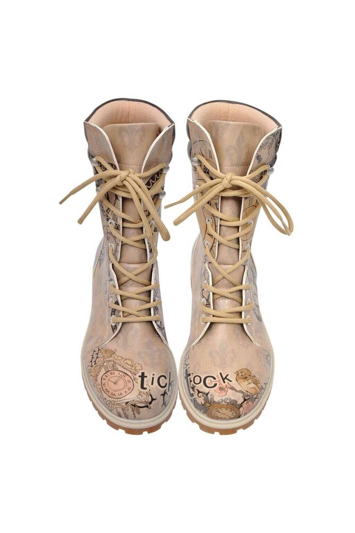 Dogo-Women's Vegan Leather Beige Long Boots - Tick Tock Design 4