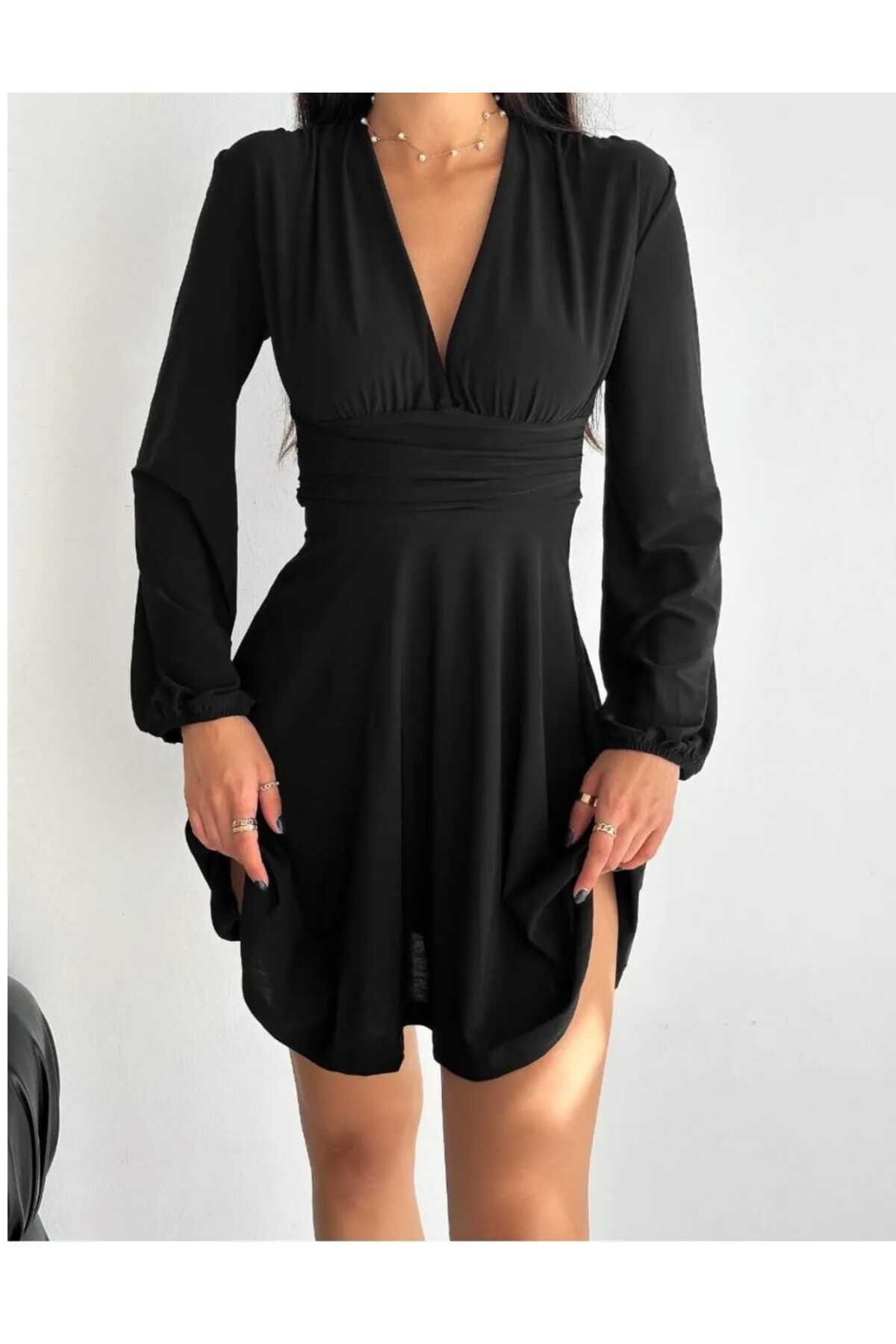 Women's Deep V-Neck Long Sleeve Flared Sandy Dress