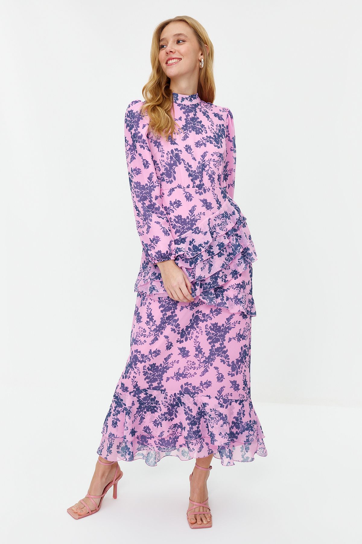 Trendyol Modest-Lilac Floral Skirt Ruffled Lined Woven Chiffon Dress TCTSS23EB00160 2
