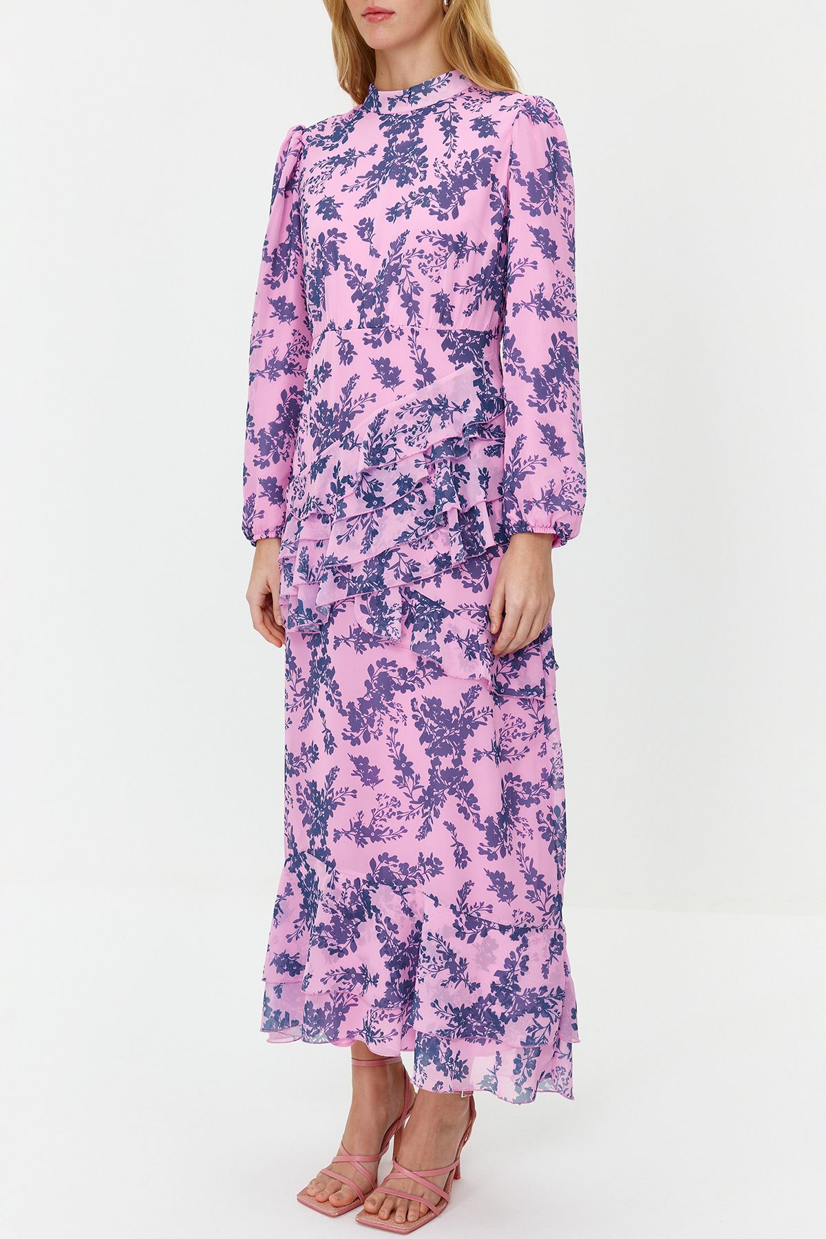 Trendyol Modest-Lilac Floral Skirt Ruffled Lined Woven Chiffon Dress TCTSS23EB00160 4