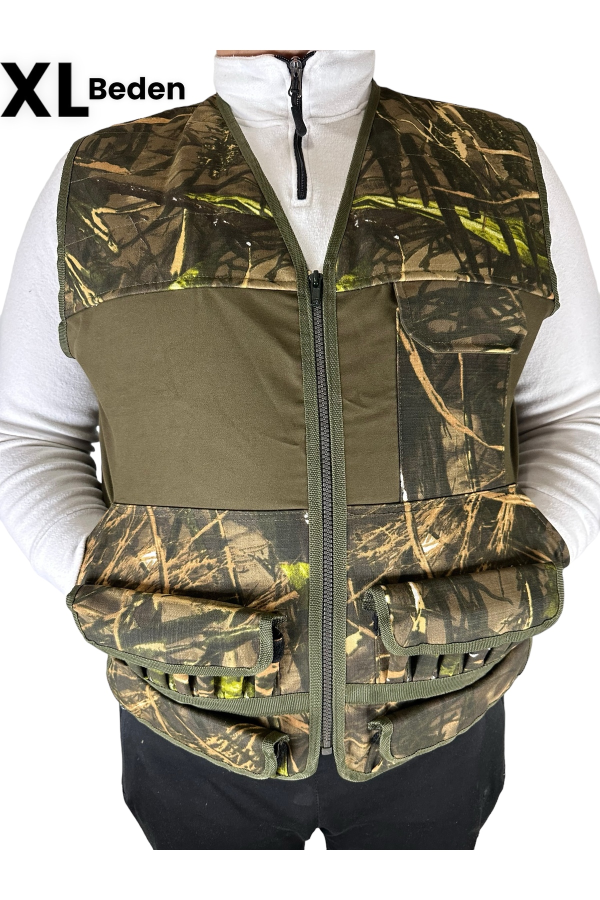 UYĞURCA XL Beden Avcı Yeleği - 30 Fişek Kapasiteli - Haki üzerine Yeşil Ağaç Desen Kumaş