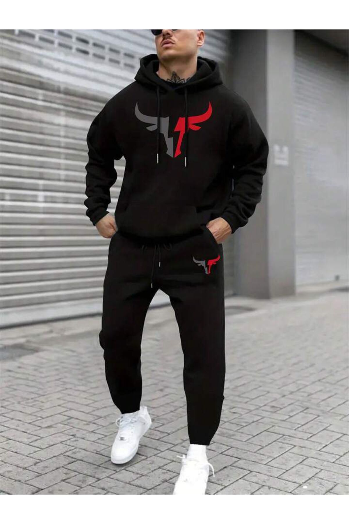 Khione Unisex súprava bavlnených teplákov s potlačou Bull Head s kapucňou