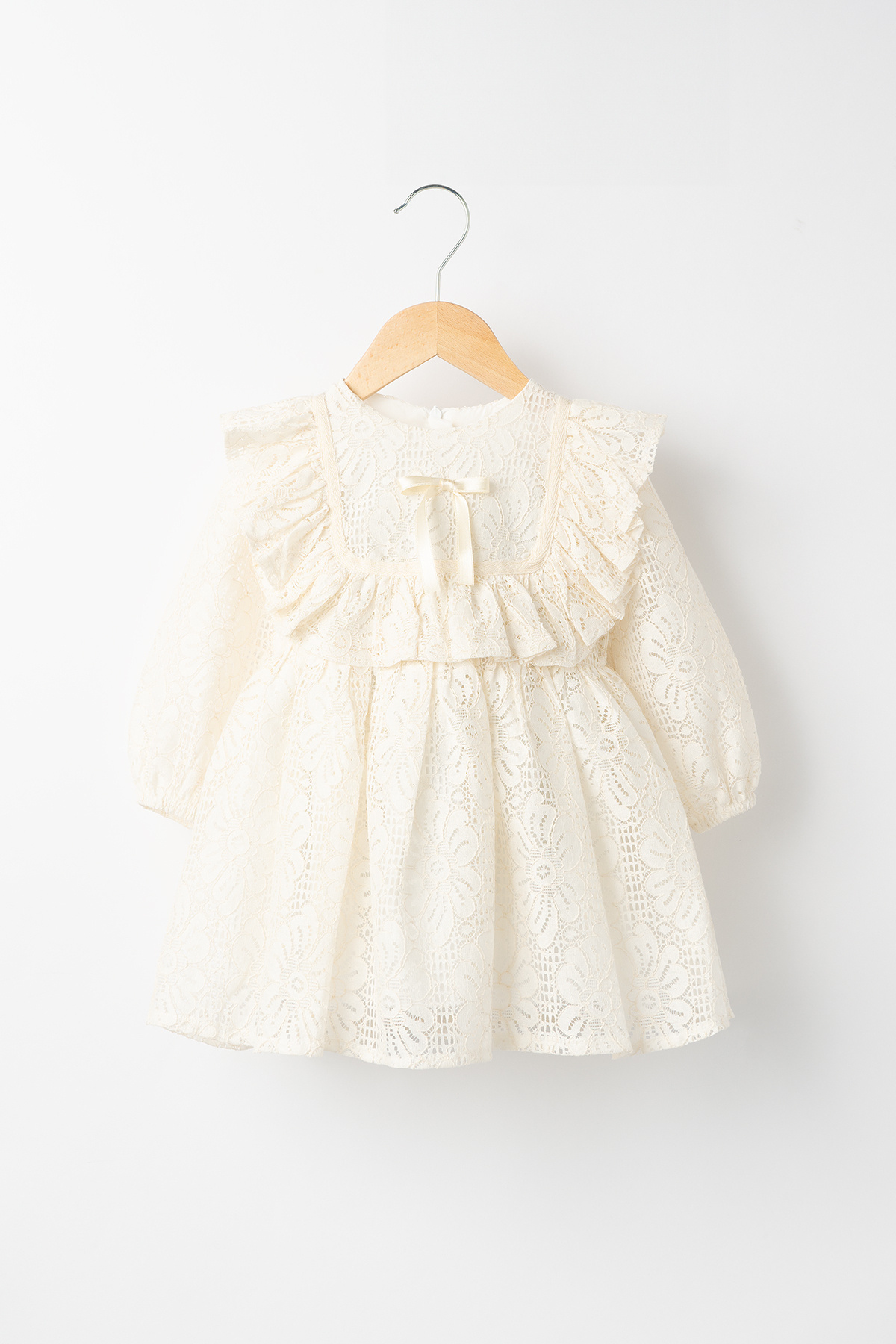 Judith Bowtie Detailed Frilly Neck Cotton Lined Brode Lace Dress