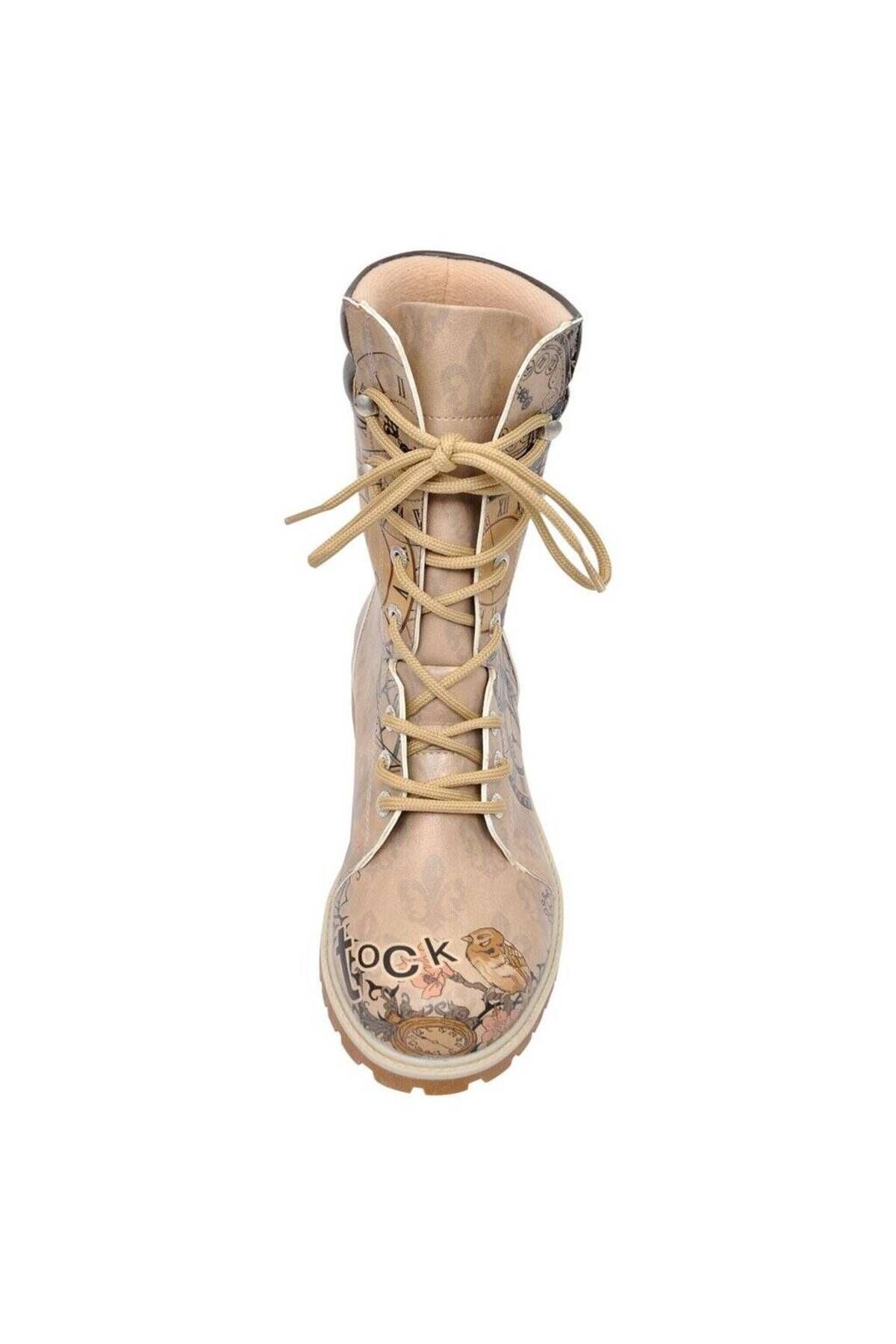 Dogo-Women's Vegan Leather Beige Long Boots - Tick Tock Design 8
