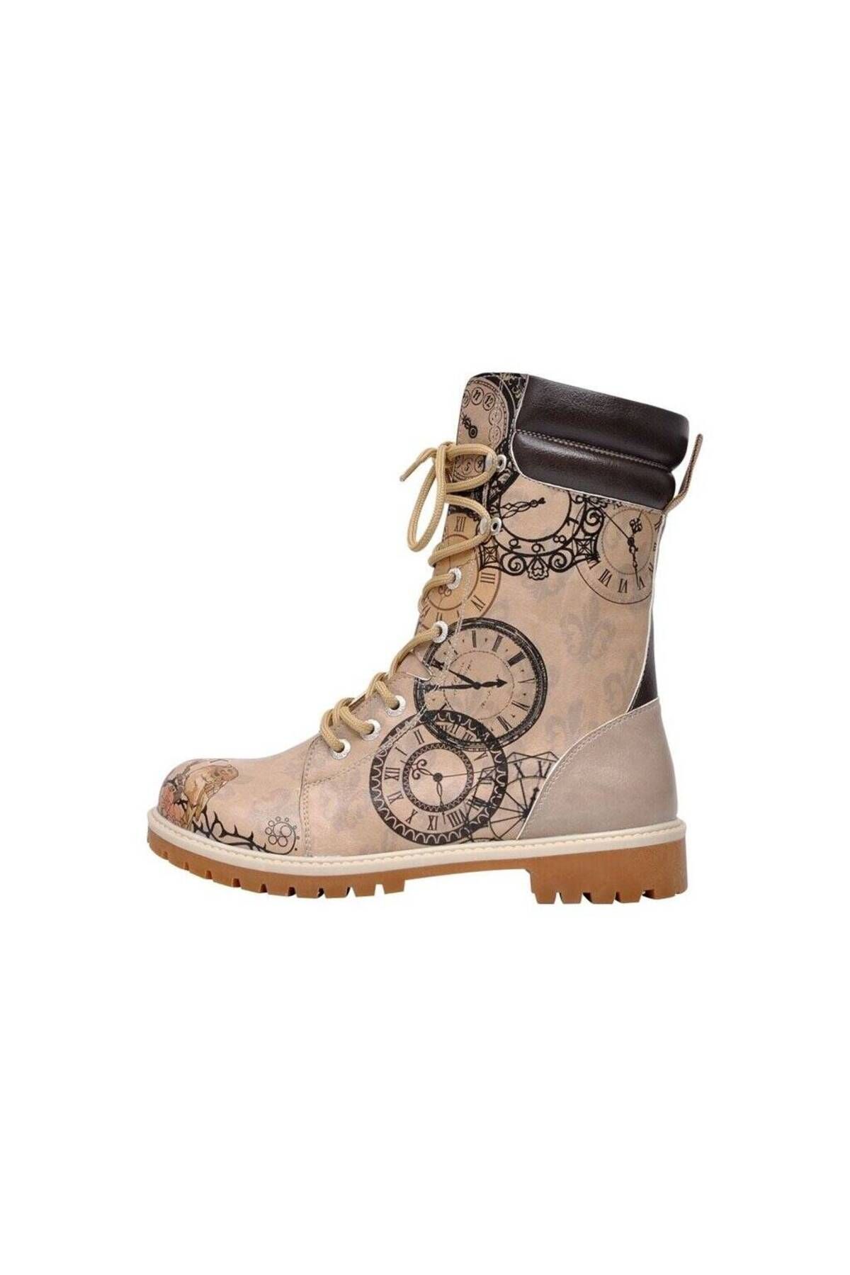 Dogo-Women's Vegan Leather Beige Long Boots - Tick Tock Design 2