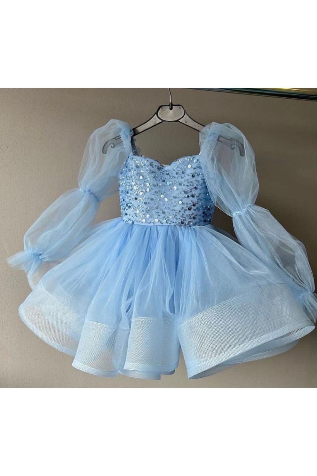 Kız Çocuk Mavi Renk Özel Gün Doğum Günü Elbisesi