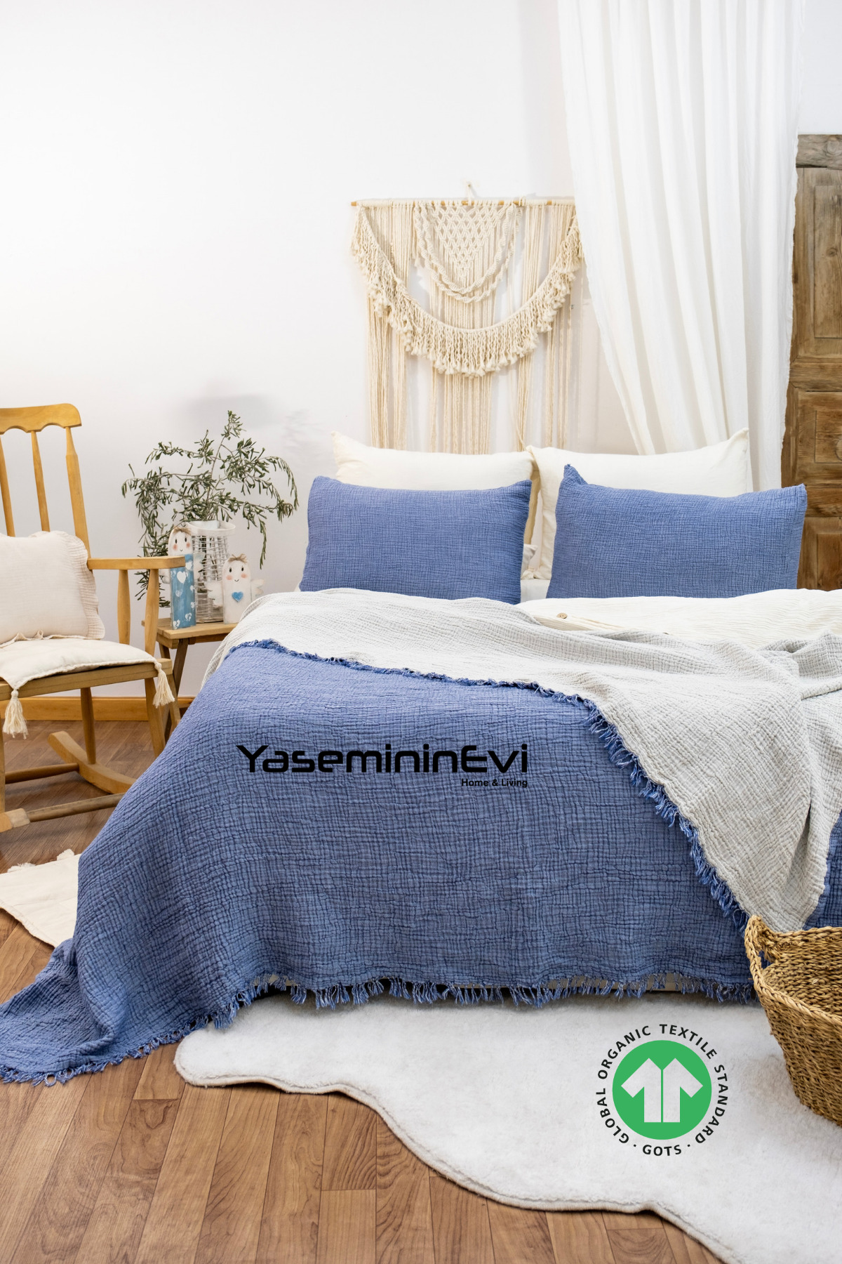 YASEMİNİNEVİ Müslin / Indigo-mavi- Tek Kişilik / Yatak Örtüsü / Pike Takımı ( 1 Yastık Kılıflı )