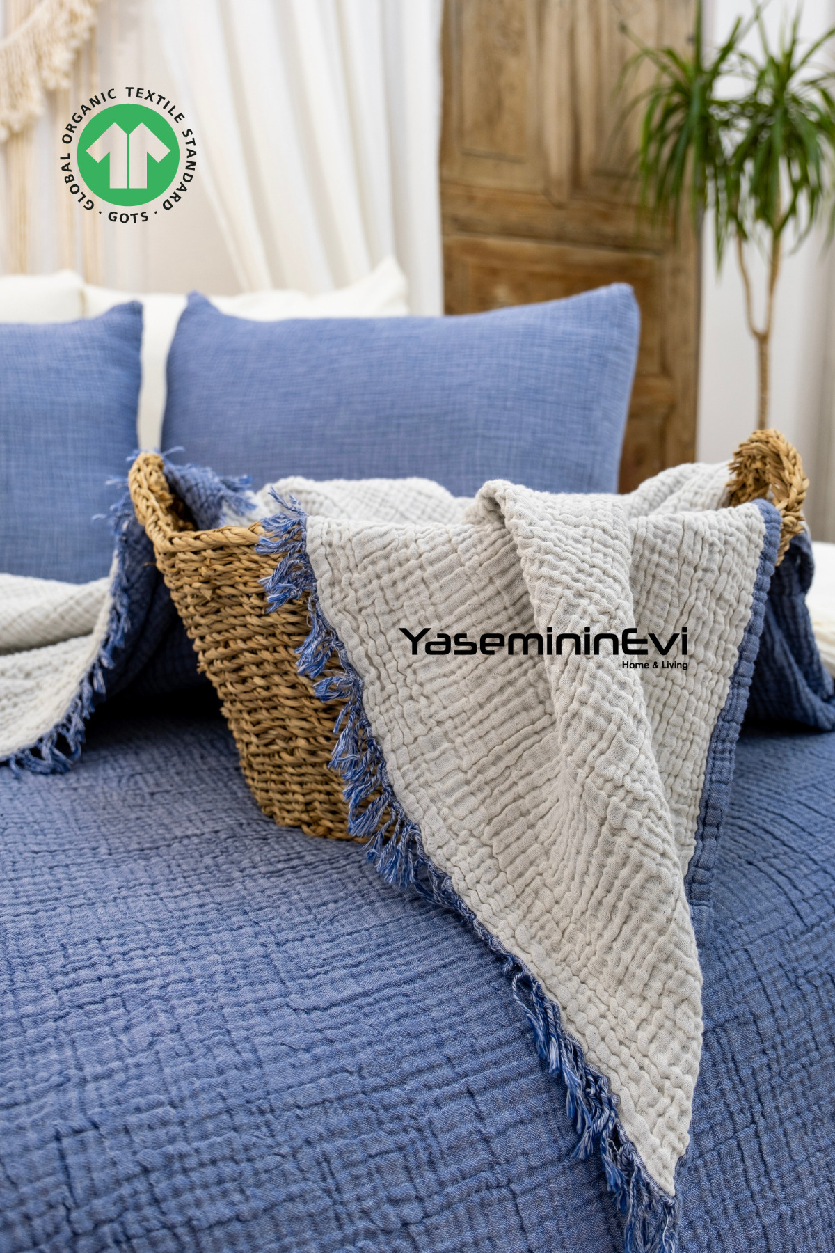 YASEMİNİNEVİ Müslin / Indigo-mavi- Tek Kişilik / Yatak Örtüsü / Pike Takımı ( 1 Yastık Kılıflı )