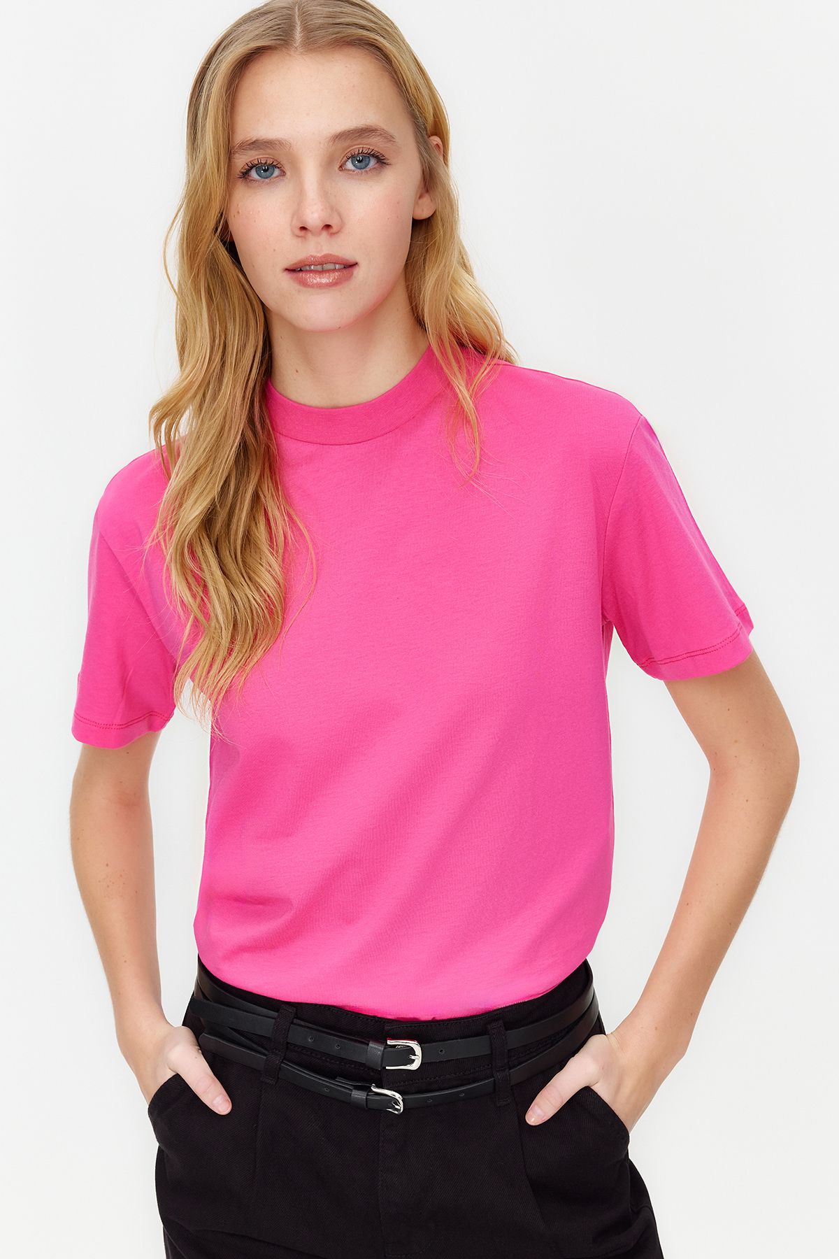 Trendyol Collection Sötét rózsaszín állógallér 100% pamut kötött póló - TWOAW20TS0096