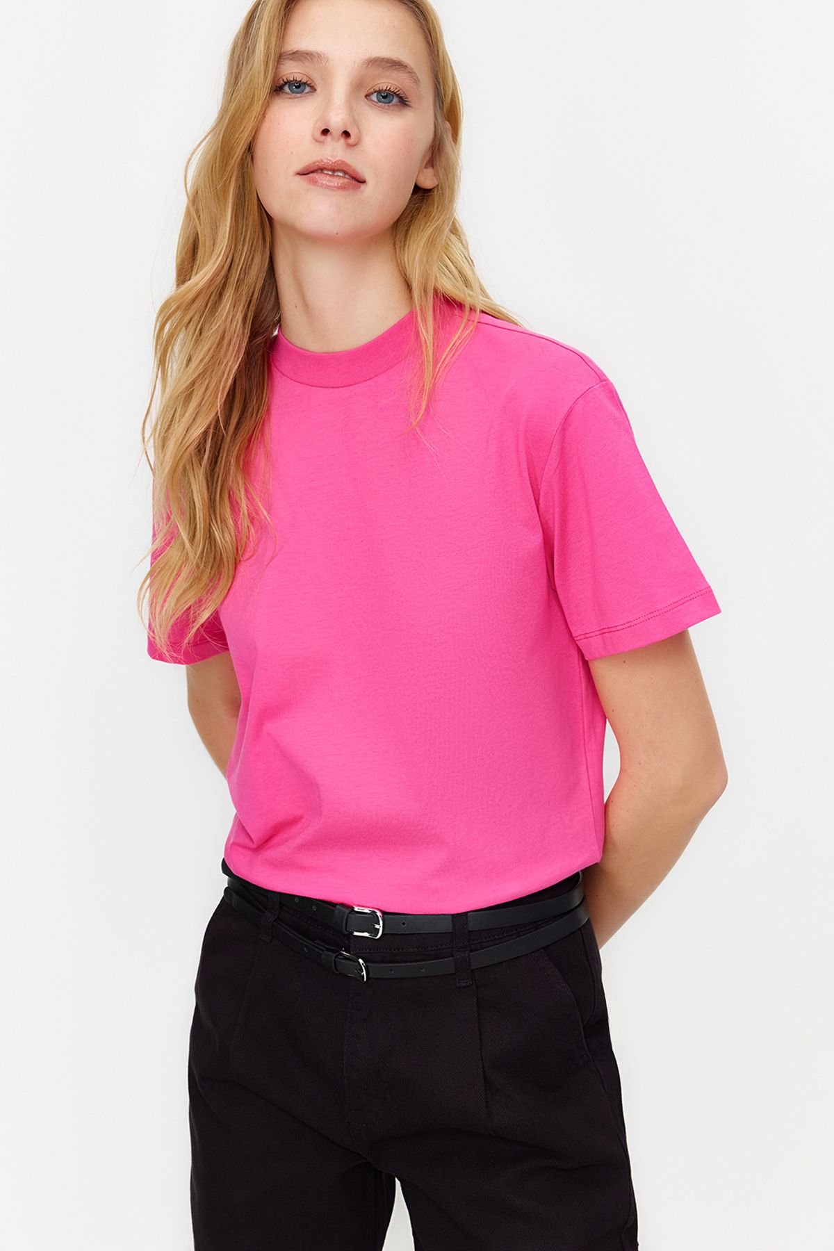 Trendyol Collection-Sötét rózsaszín állógallér 100% pamut kötött póló - TWOAW20TS0096 2