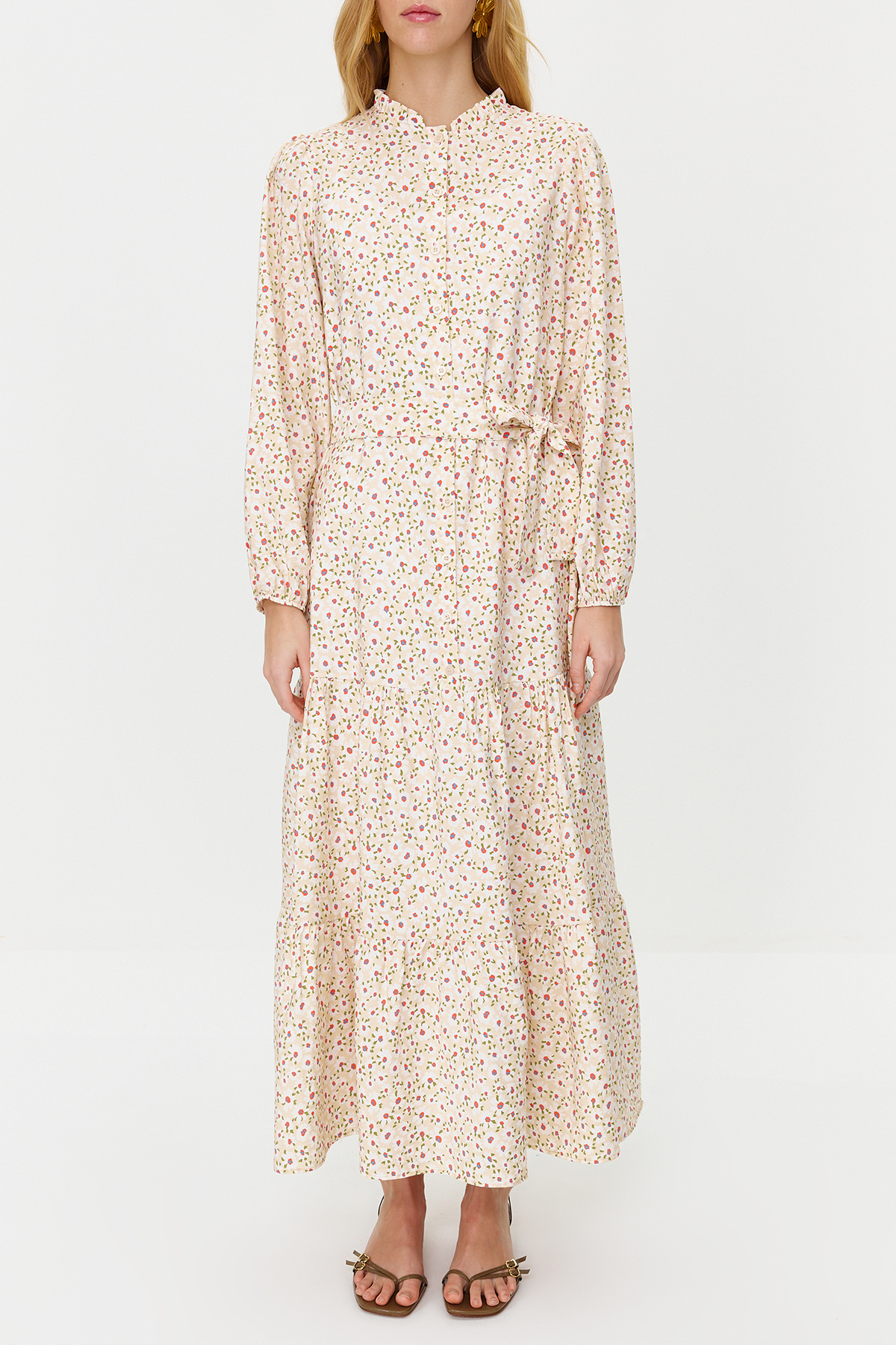 Trendyol Modest-Різнокольорове ткане плаття з квітковим візерунком на підкладці TCTSS23EB00294 зі спідницею з воланами з квітковим візерунком TCTSS23EB00294 4