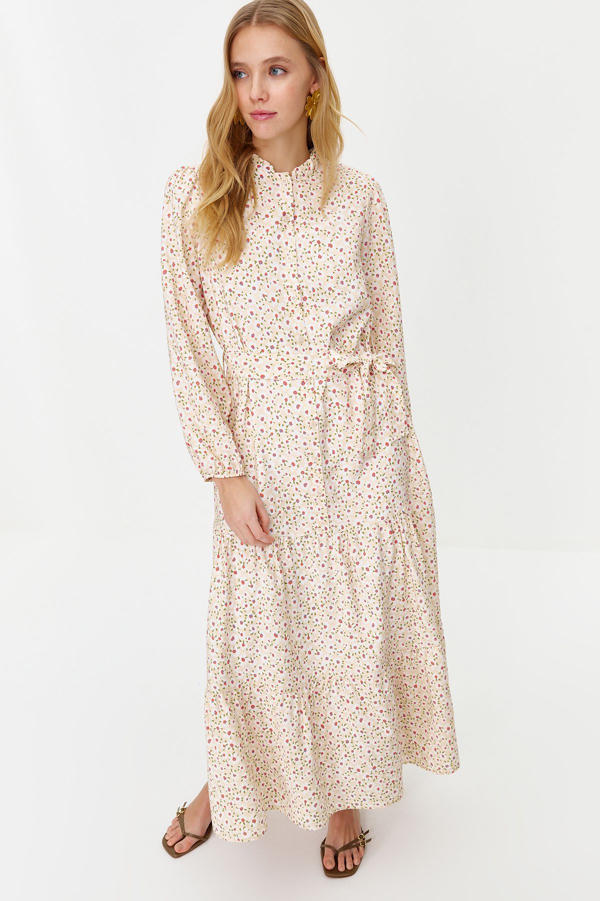 Trendyol Modest-Різнокольорове ткане плаття з квітковим візерунком на підкладці TCTSS23EB00294 зі спідницею з воланами з квітковим візерунком TCTSS23EB00294 3