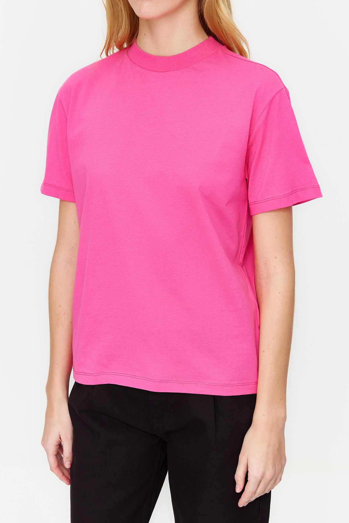 Trendyol Collection-Sötét rózsaszín állógallér 100% pamut kötött póló - TWOAW20TS0096 5