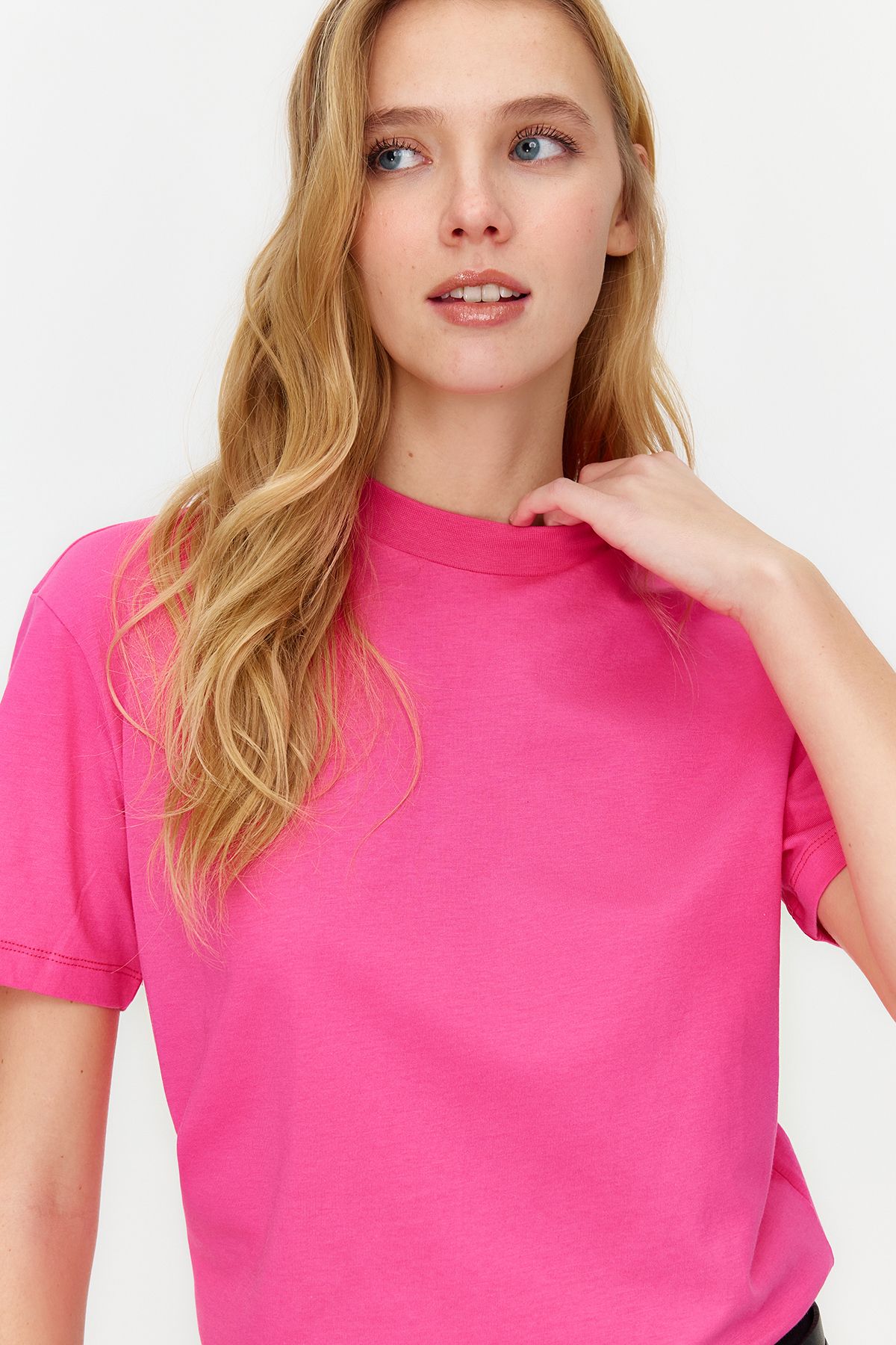 Trendyol Collection-Sötét rózsaszín állógallér 100% pamut kötött póló - TWOAW20TS0096 3