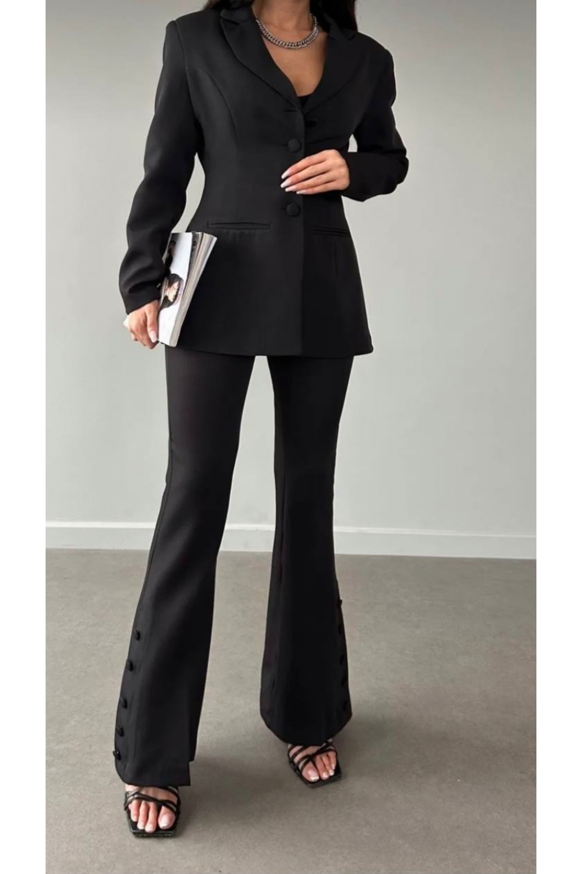Black Flare Trousers Jacket Set