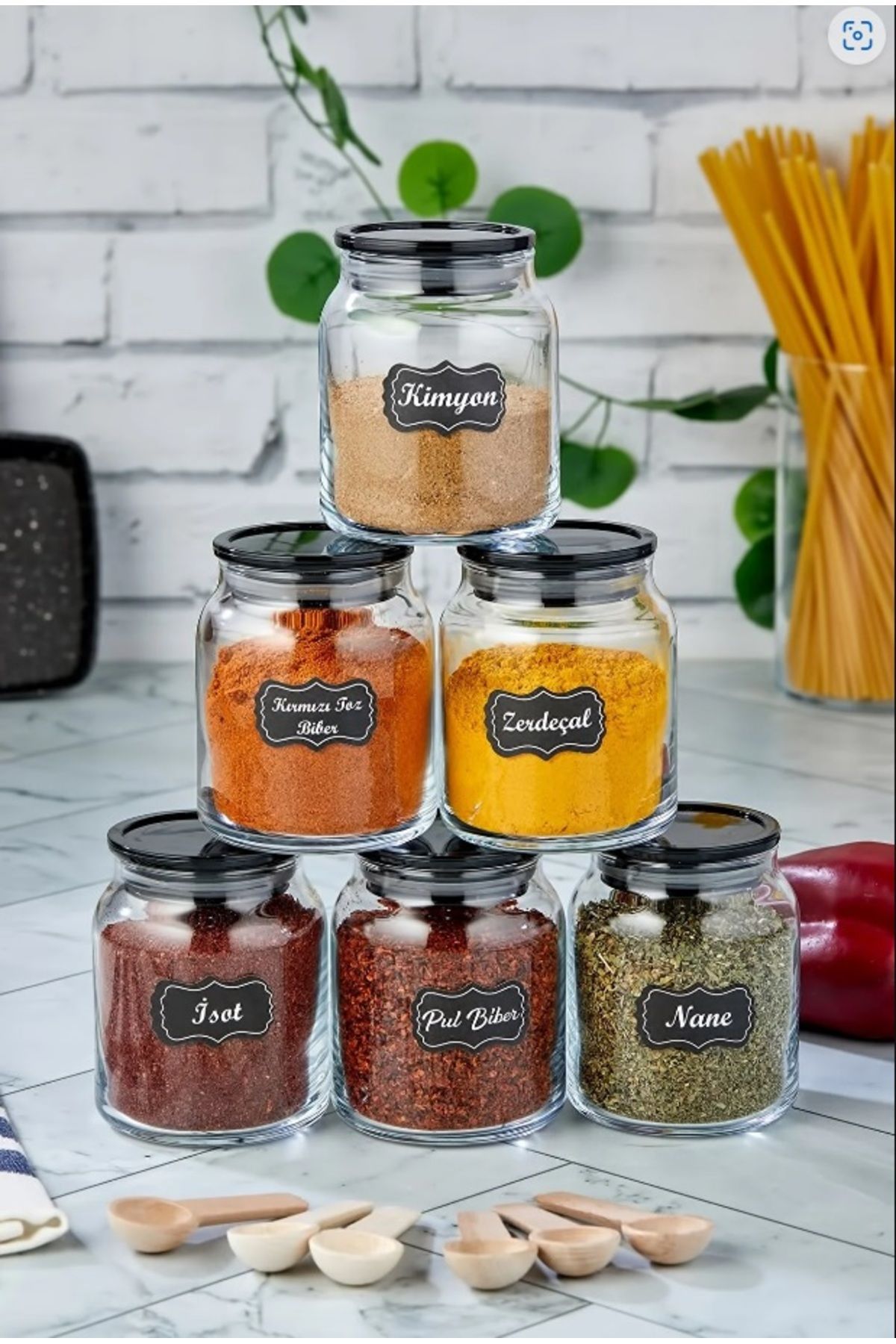 ŞAKİLATA CONCEPT-Luxury Spice Set with 6 Spoons and Black Lid Glass Jar Storage Container (300 Ml Spice Jar Set) 3