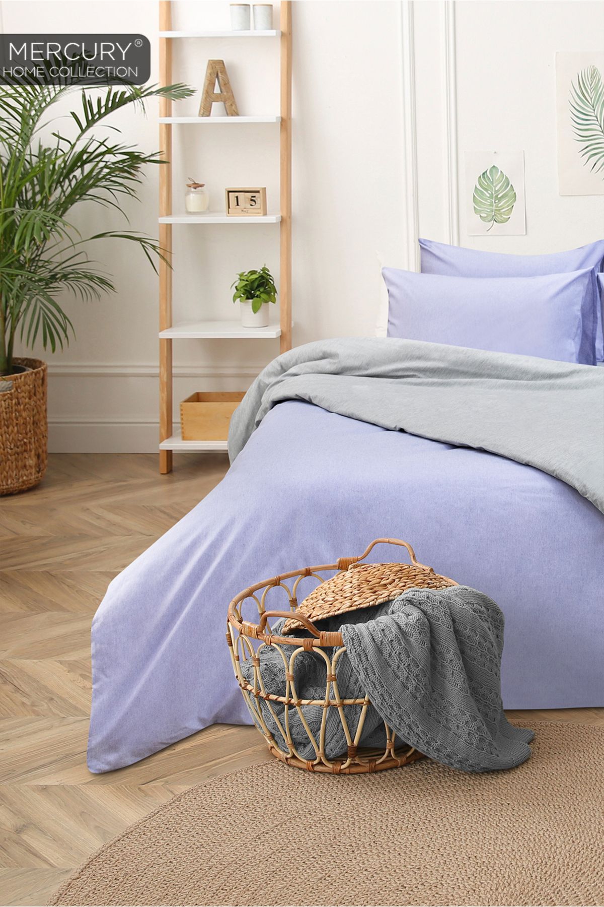 Mercury-Double Cotton Bedding Set| Lilac-grey with Elastic Sheets| Double Sided Buttoned Duvet Cover 3