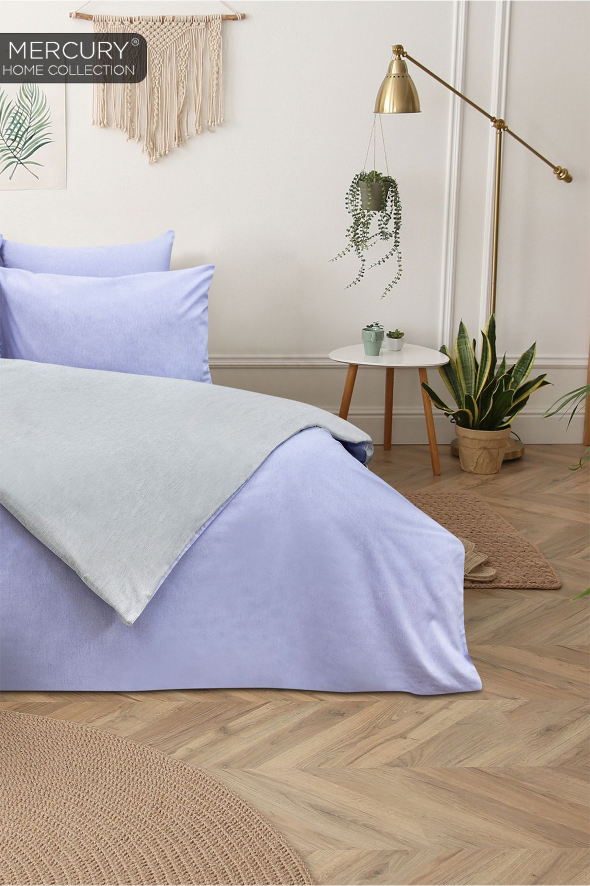 Mercury-Double Cotton Bedding Set| Lilac-grey with Elastic Sheets| Double Sided Buttoned Duvet Cover 4