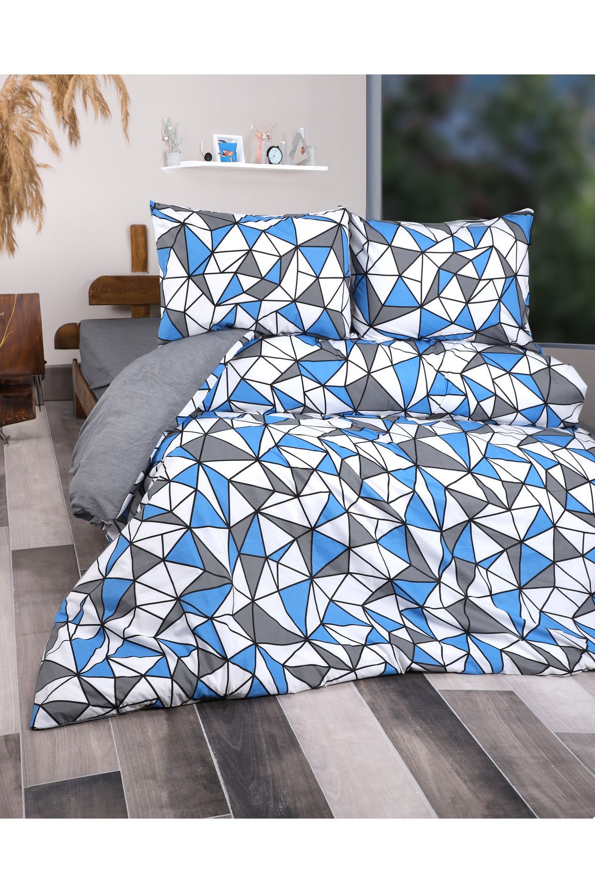 ENESSA Set De Lenjerie De Pat Cu Arbaletă Elastică Cu Model Geometric Albastru - One Size