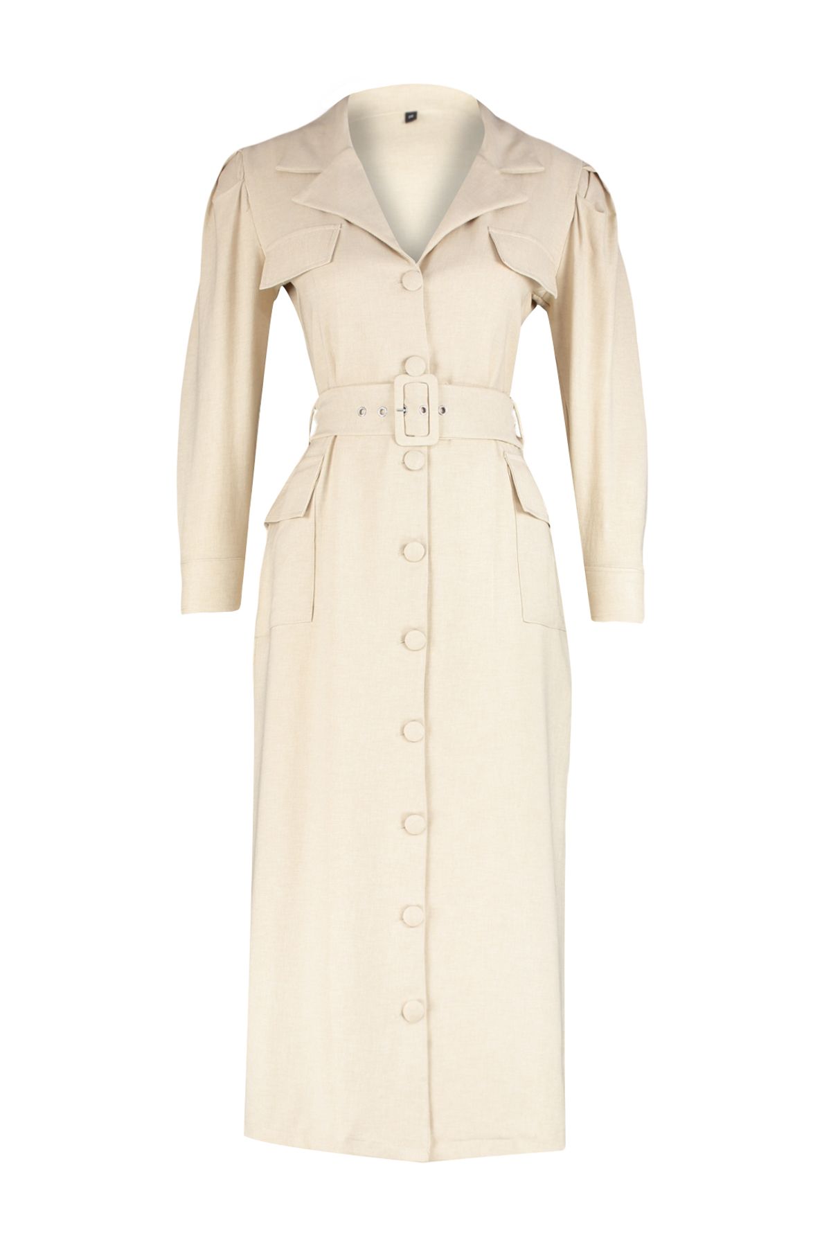 Trendyol Modest-Gewebtes Hemdkleid im Leinen-Look mit Steingürtel und Knöpfen TCTSS24EB00017 8