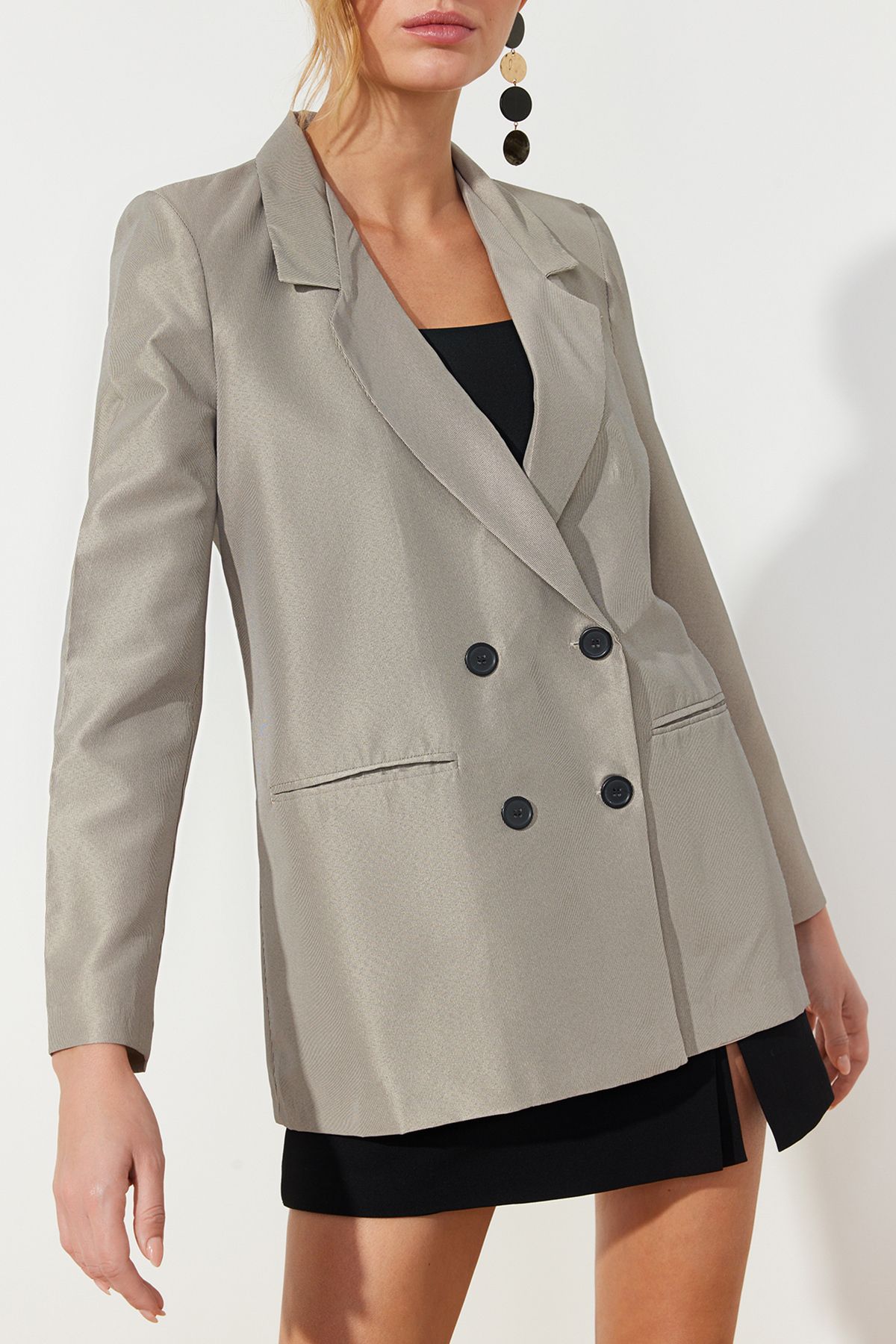 Trendyol Collection-Beige Regular Lined Buttoned Woven Blazer Jacket TWOAW23BC00017 4