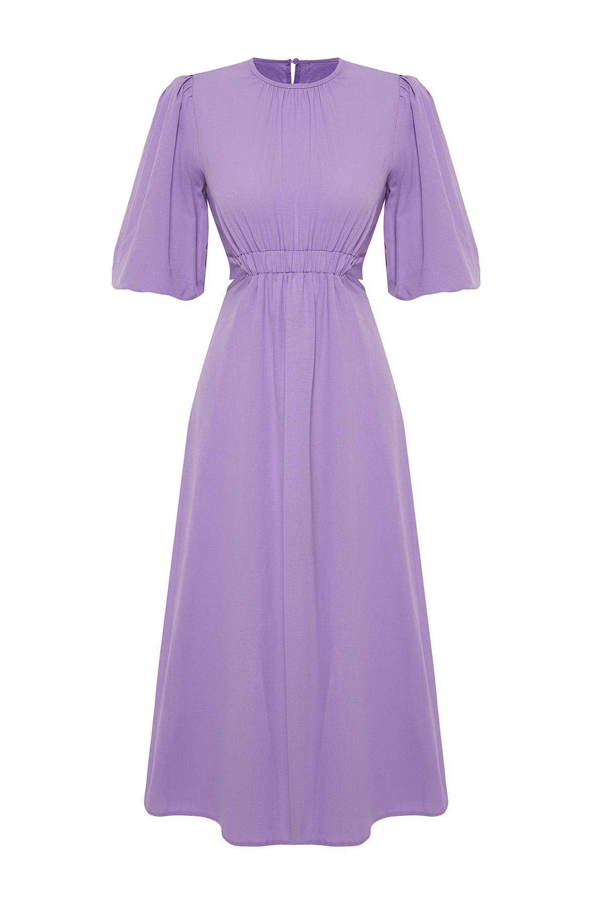 Trendyol Modest-Lilacové bavlnené tkané šaty s balónovými rukávmi TCTSS24EB00005 4