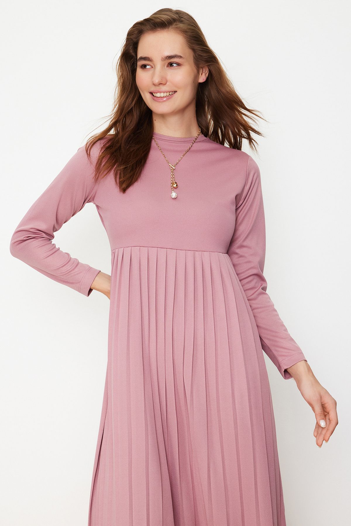 Trendyol Modest-Πλεκτό φόρεμα Scuba με πλισέ φούστα Dusty Rose TCTAW24EL00000 3