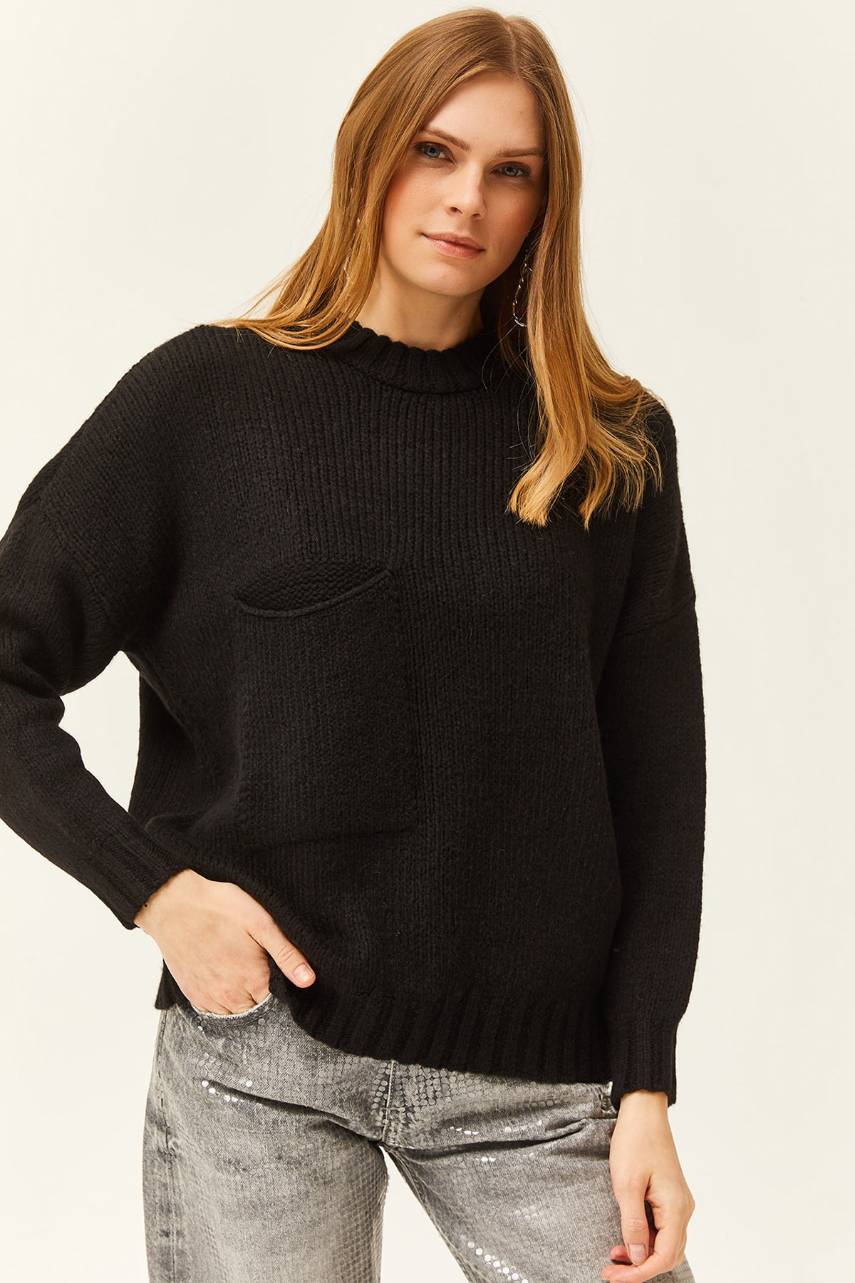 Women's Black Pocket Detailed Soft Textured Oversized Knitwear SweaterKZK-19000767